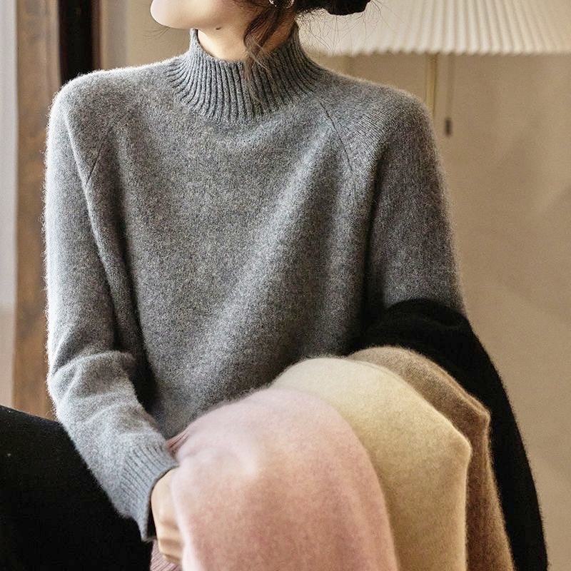 重磅加厚无缝一体半高领针织衫女2025新款宽松显瘦长袖打底衫毛衣