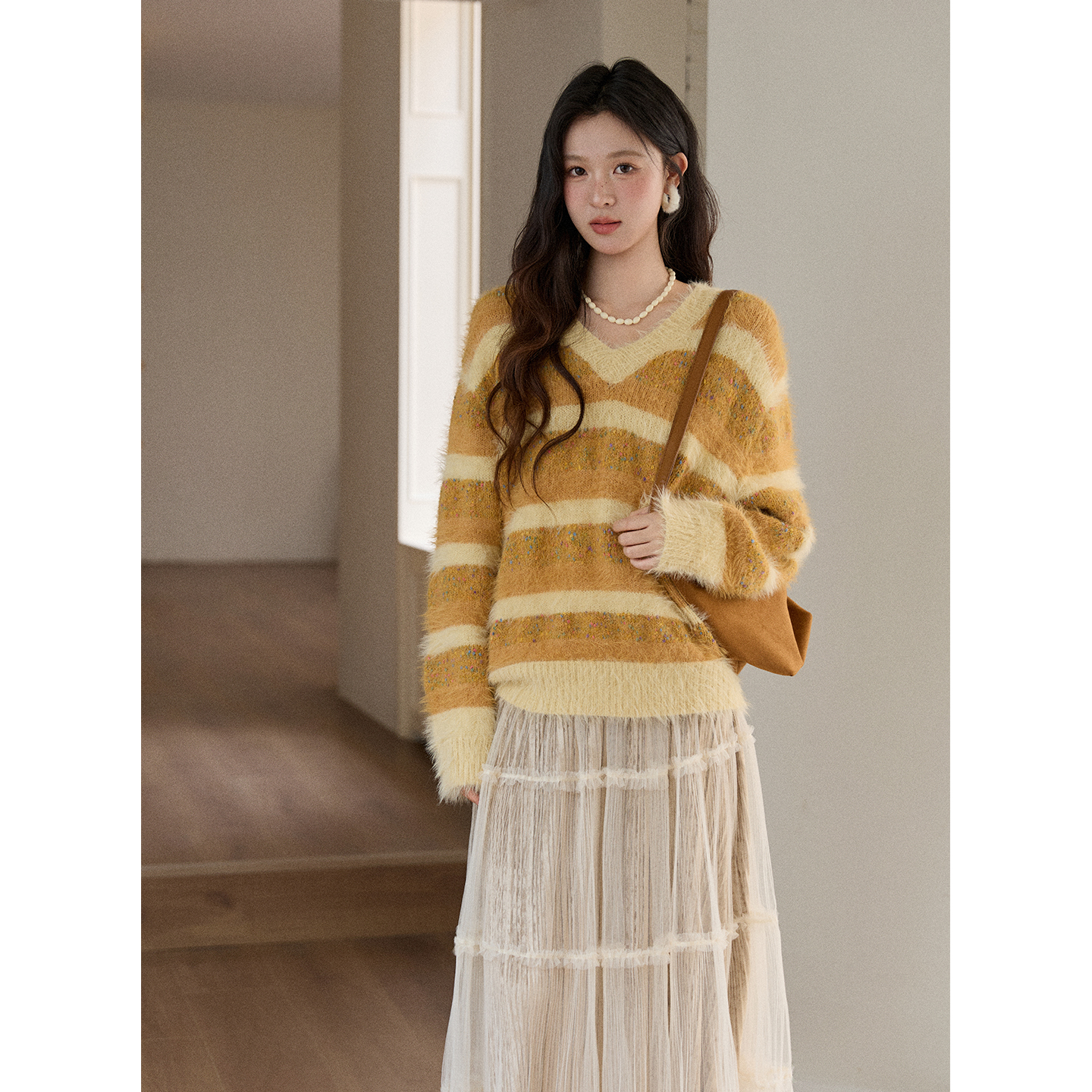 【艾美专属】谜秀复古黄条纹毛衣提花宽松针织衫MXE87Z2766