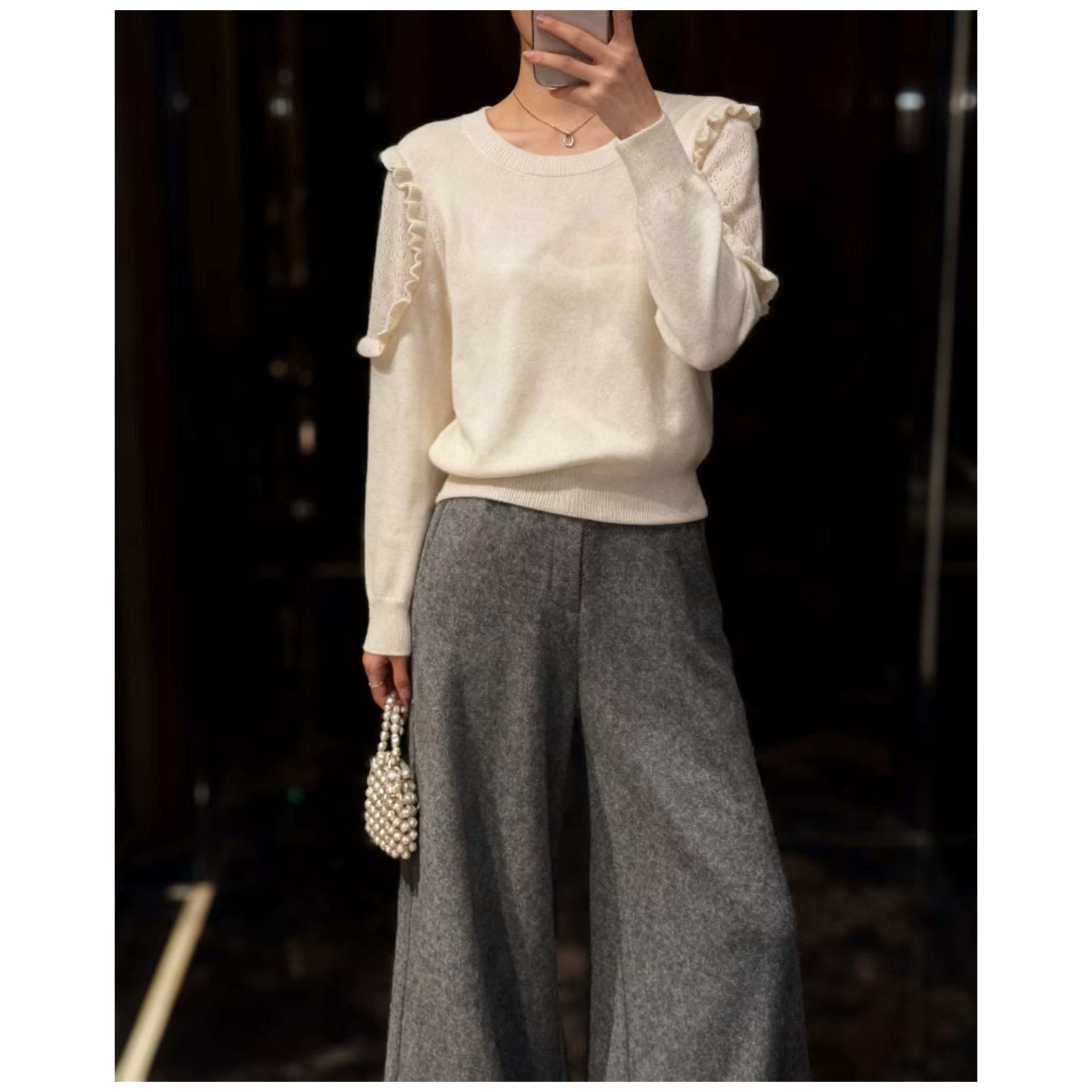 高货~100%羊毛！勿机洗！胸98-150长54法式木耳边设计针织上衣 4097