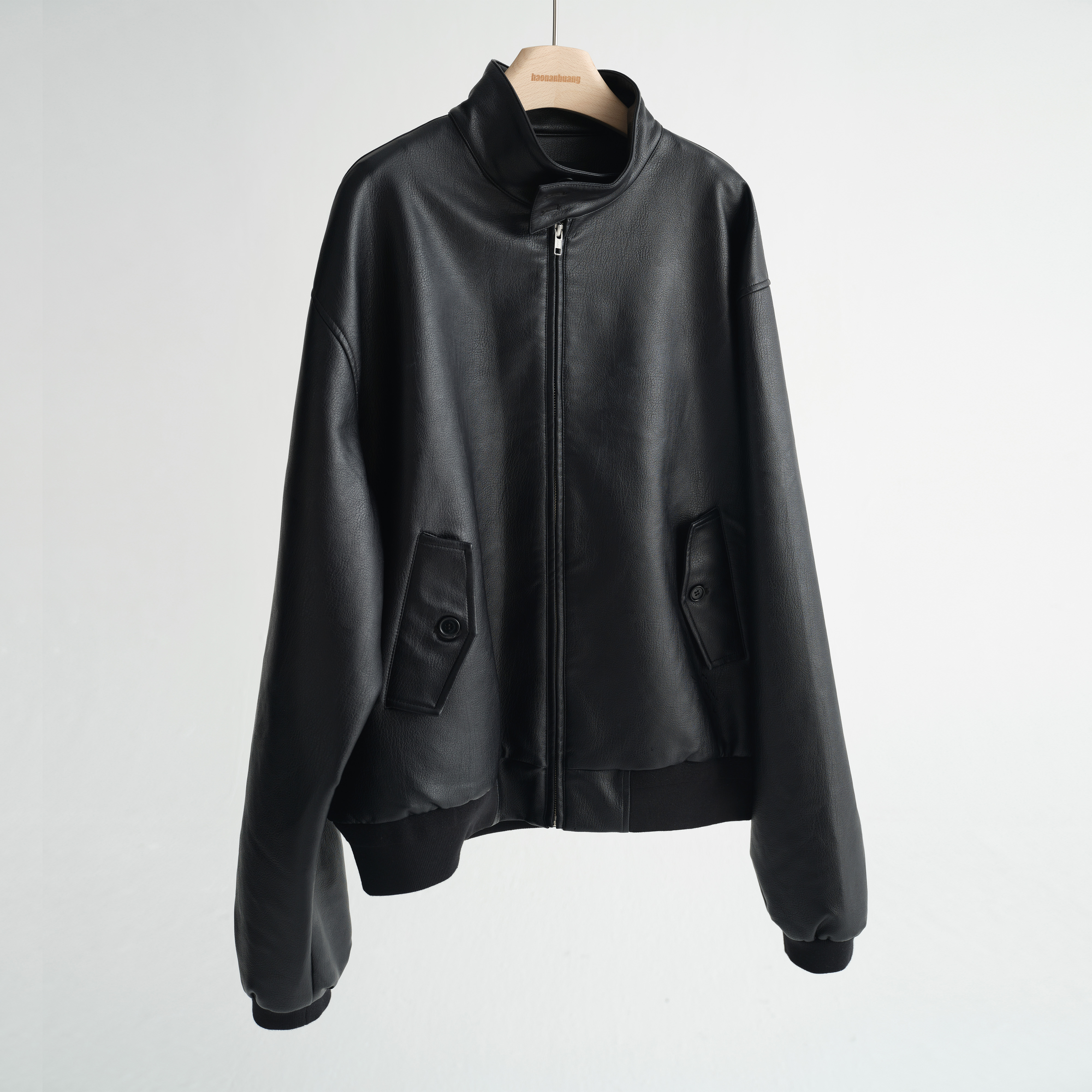 haonanhuang 复古牛皮触感超纤PU经典哈灵顿短款宽松经典夹克外套
