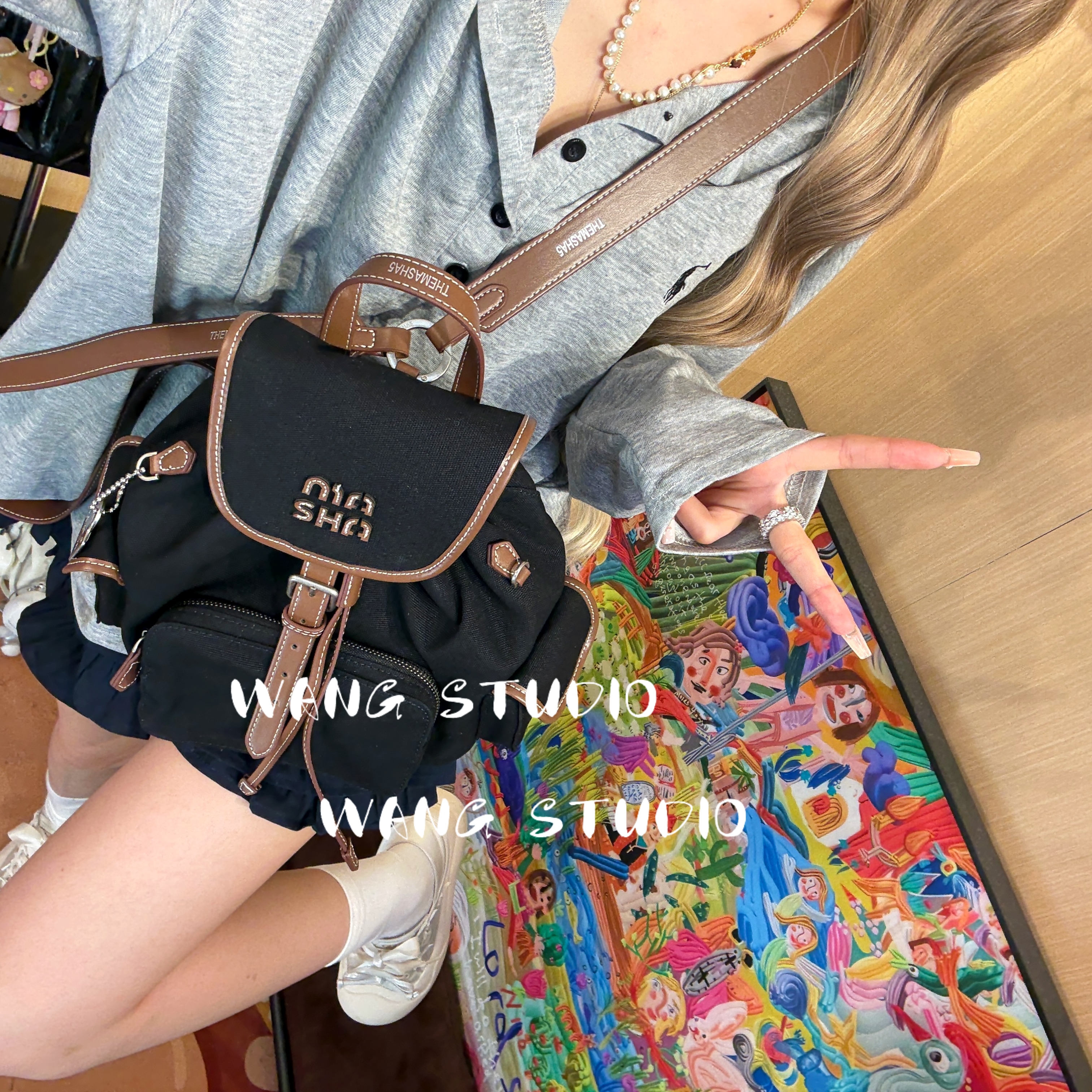 调调包包WANG STUDIO【THE MASHA 小众设计款 黑色缪缪风帆布双肩】