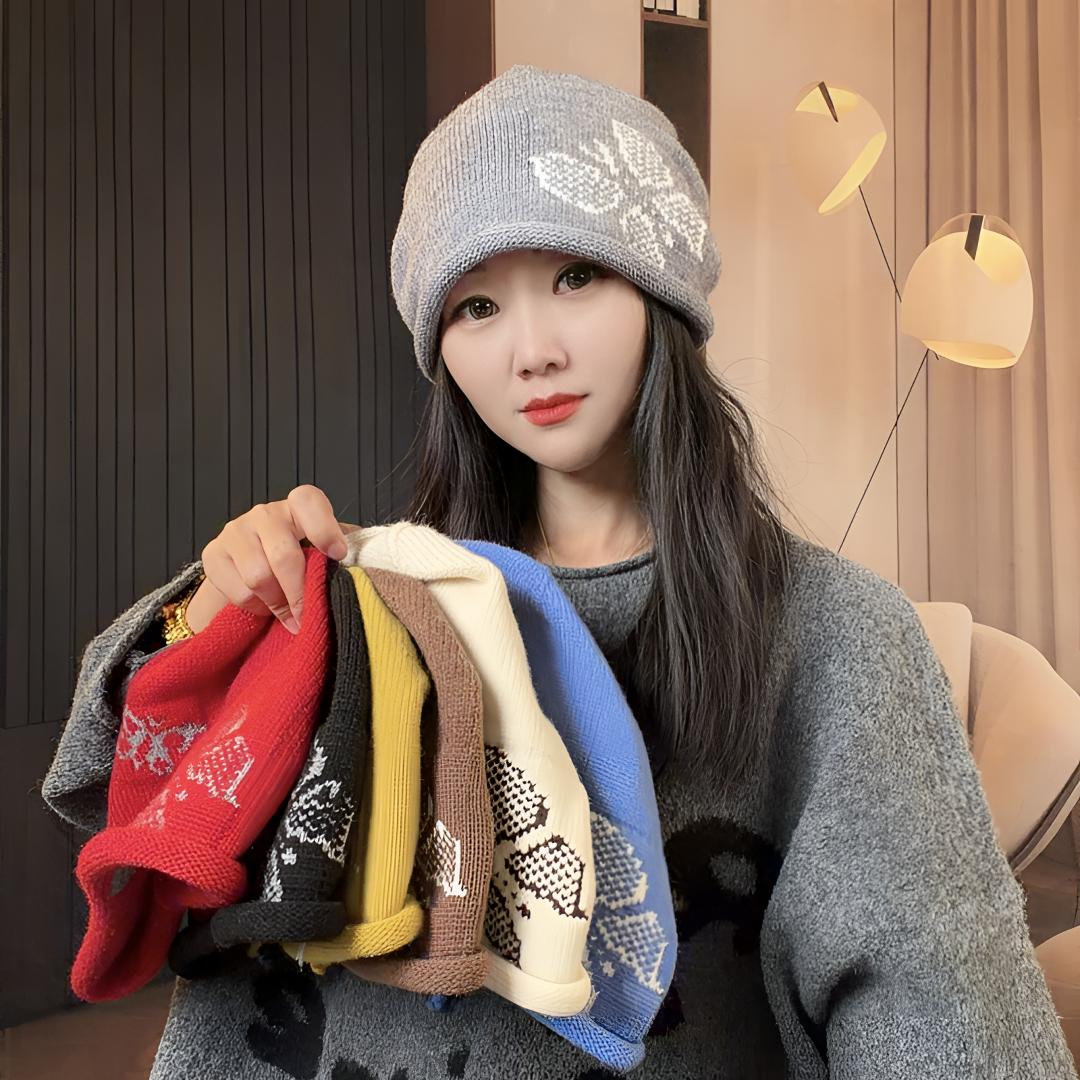 【正版蝴蝶款】秋冬冷帽包头帽法式图案保暖套头帽秋季卷檐女士帽子