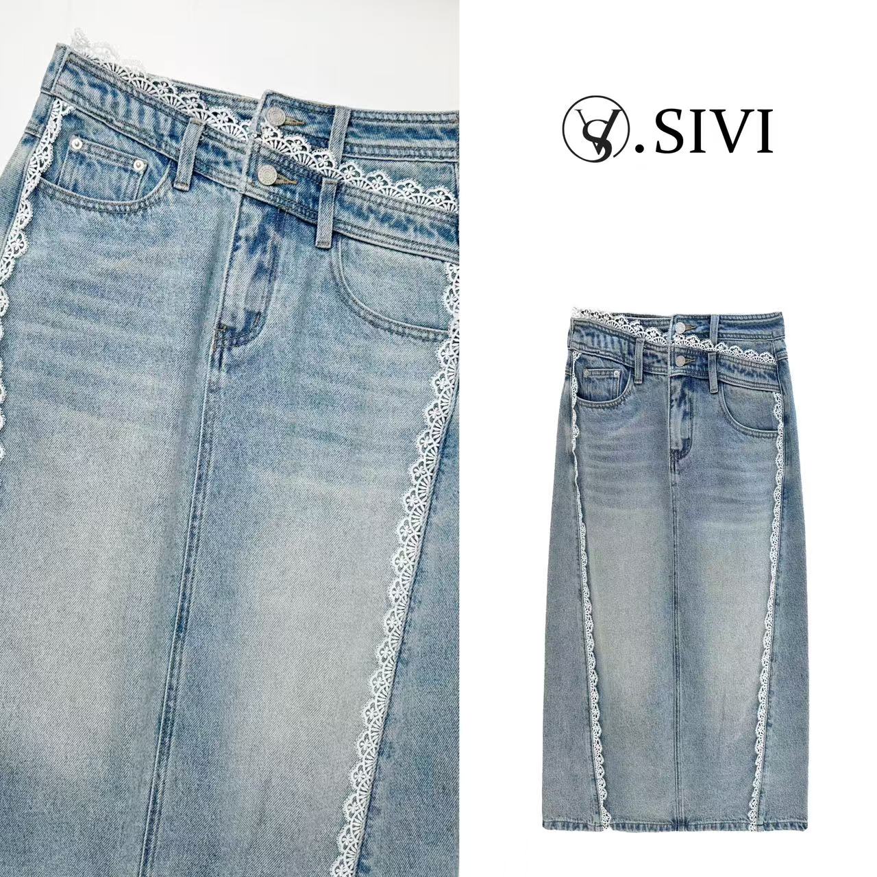 熙薇【万紫千红】春季新款时尚休闲直筒显瘦蕾丝百搭牛仔裙H1270