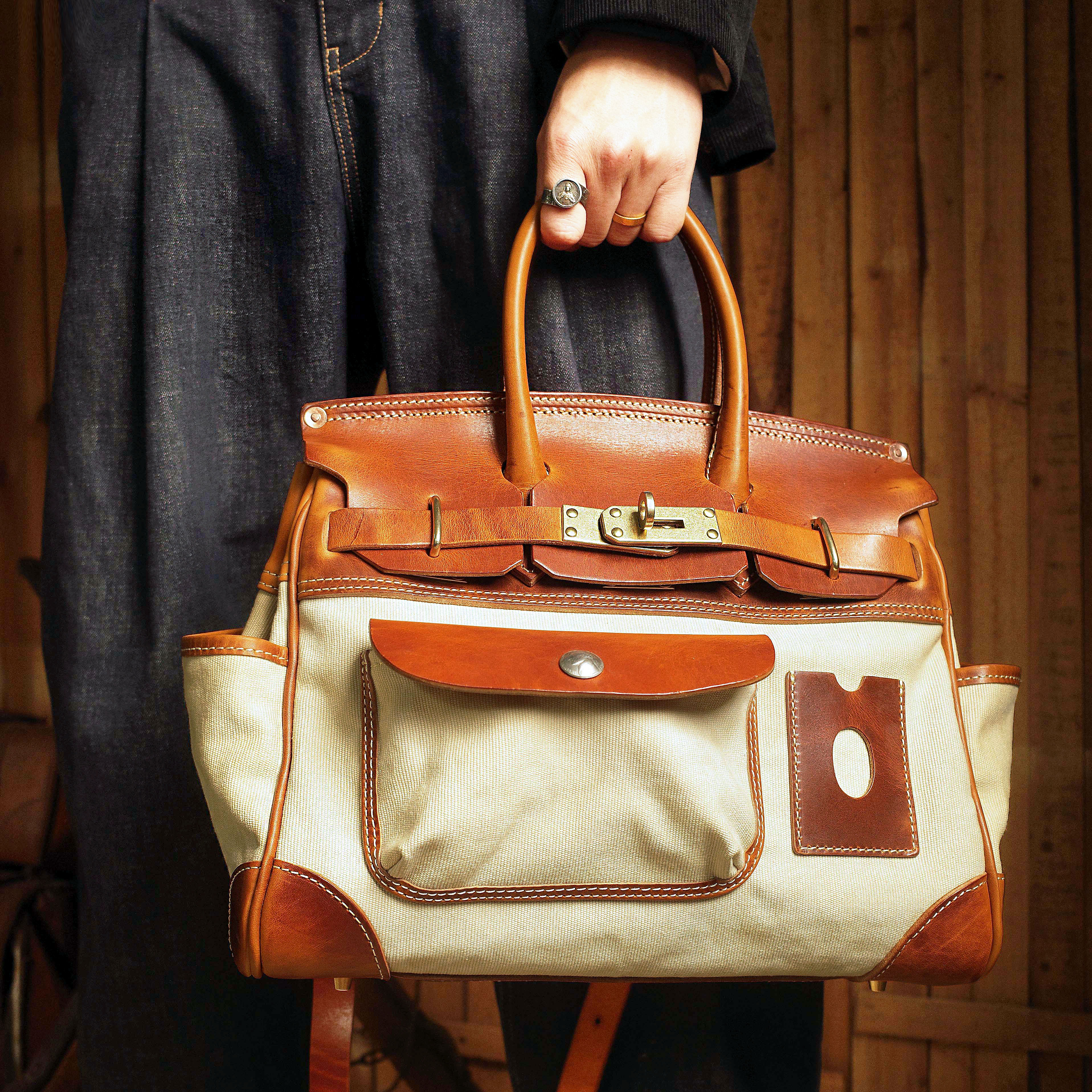 手工重磅意大利牛皮拼接帆布复古真牛皮小众高级铂金包凯莉旅行包