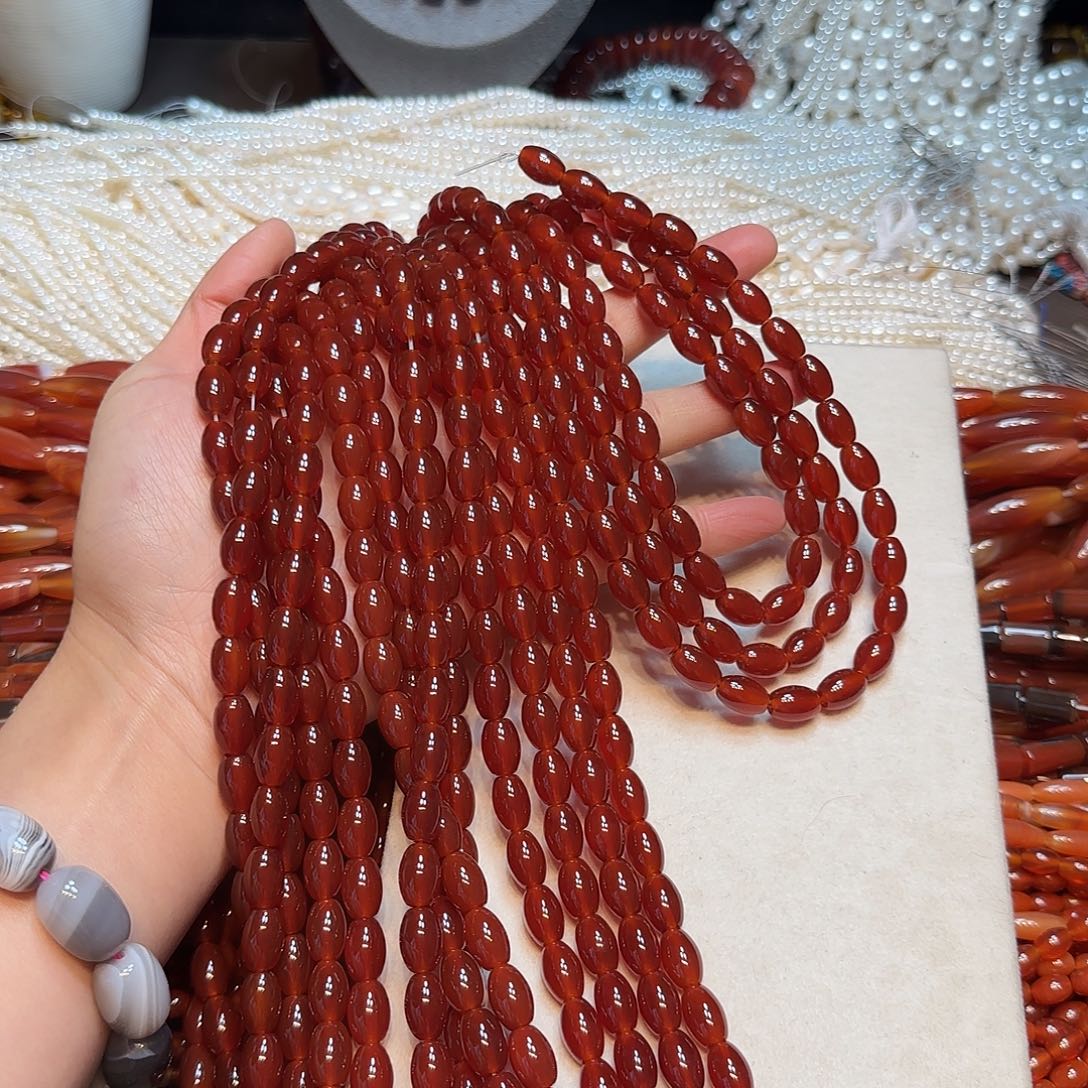 玛瑙/玉髓合金珠宝半成品7✖️11mmA货正红玛瑙米珠一条