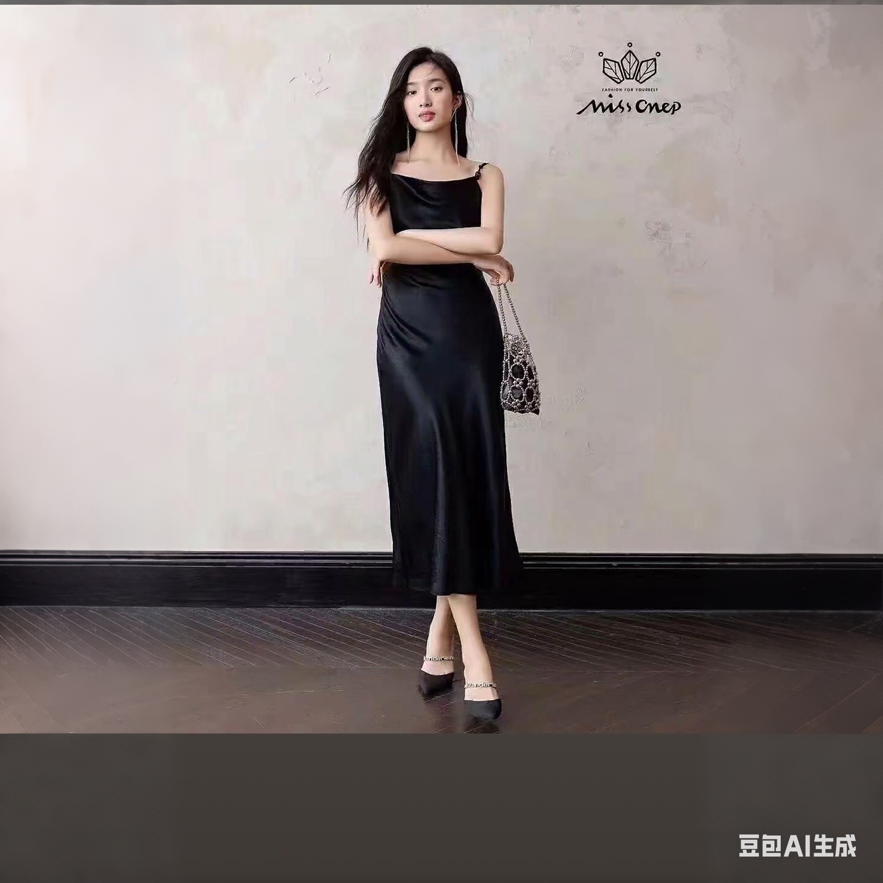 Missonep黑色高级感缎面吊带连衣裙气质修身无袖中长款式