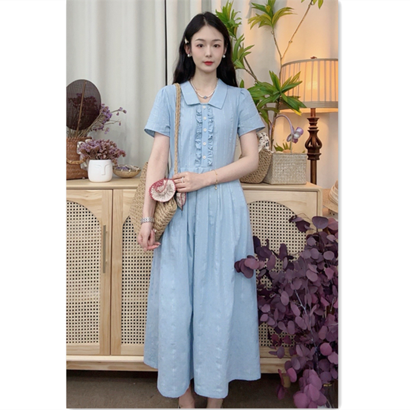 大乔【风铃】夏季纯棉提花短袖连衣裙翻领木耳边腰带显瘦遮肉透气