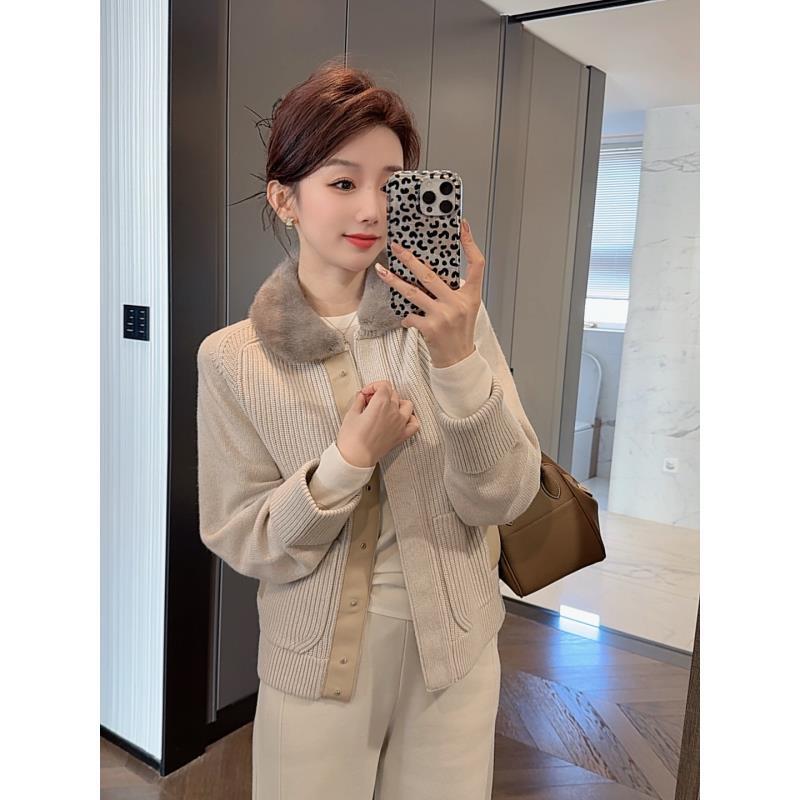 【大静静】“奢贵老钱”老钱风进口水貂毛羊绒针织拼接皮革外套