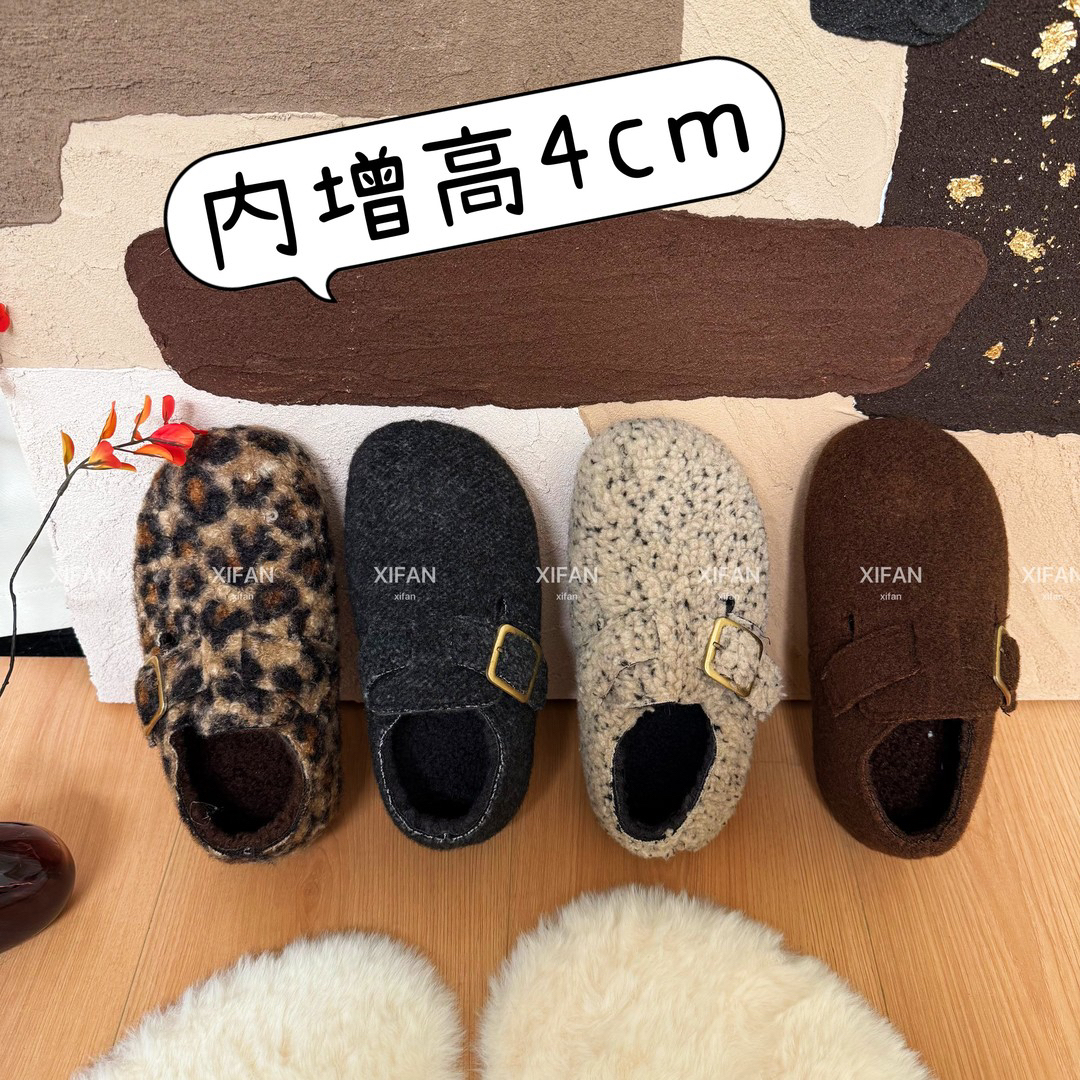 【喜番】2025新款秋冬勃肯鞋毛呢纯色保暖圆头加绒韩版内增高棉鞋