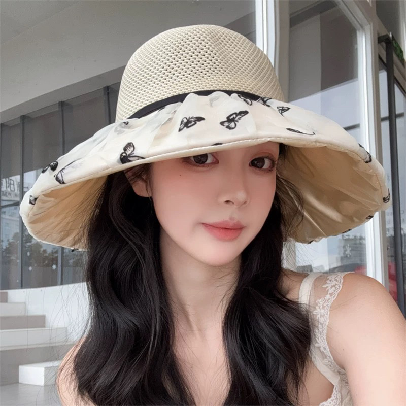 夏季新款帽子女网纱结渔夫帽韩版百搭遮阳帽大帽檐太阳帽