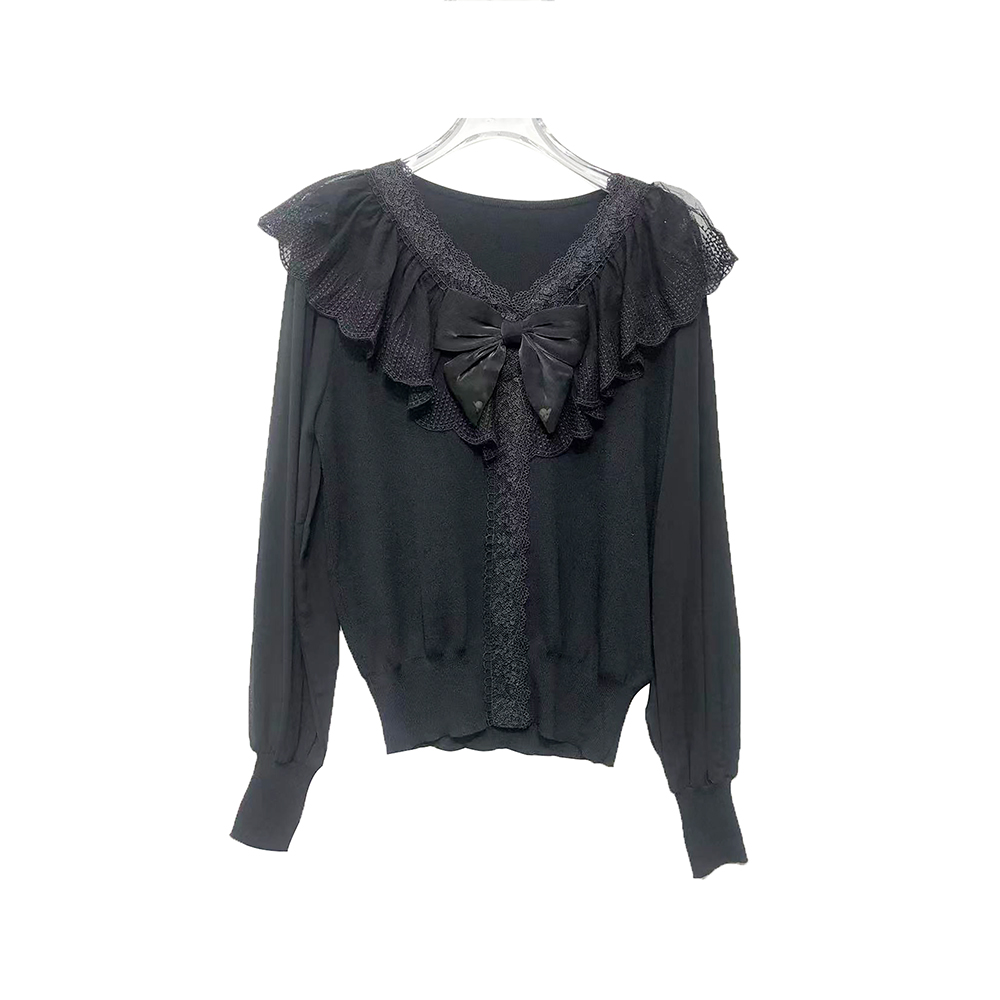 ML2035【品牌撤柜】时尚名媛V领木耳花边蝴蝶结上衣