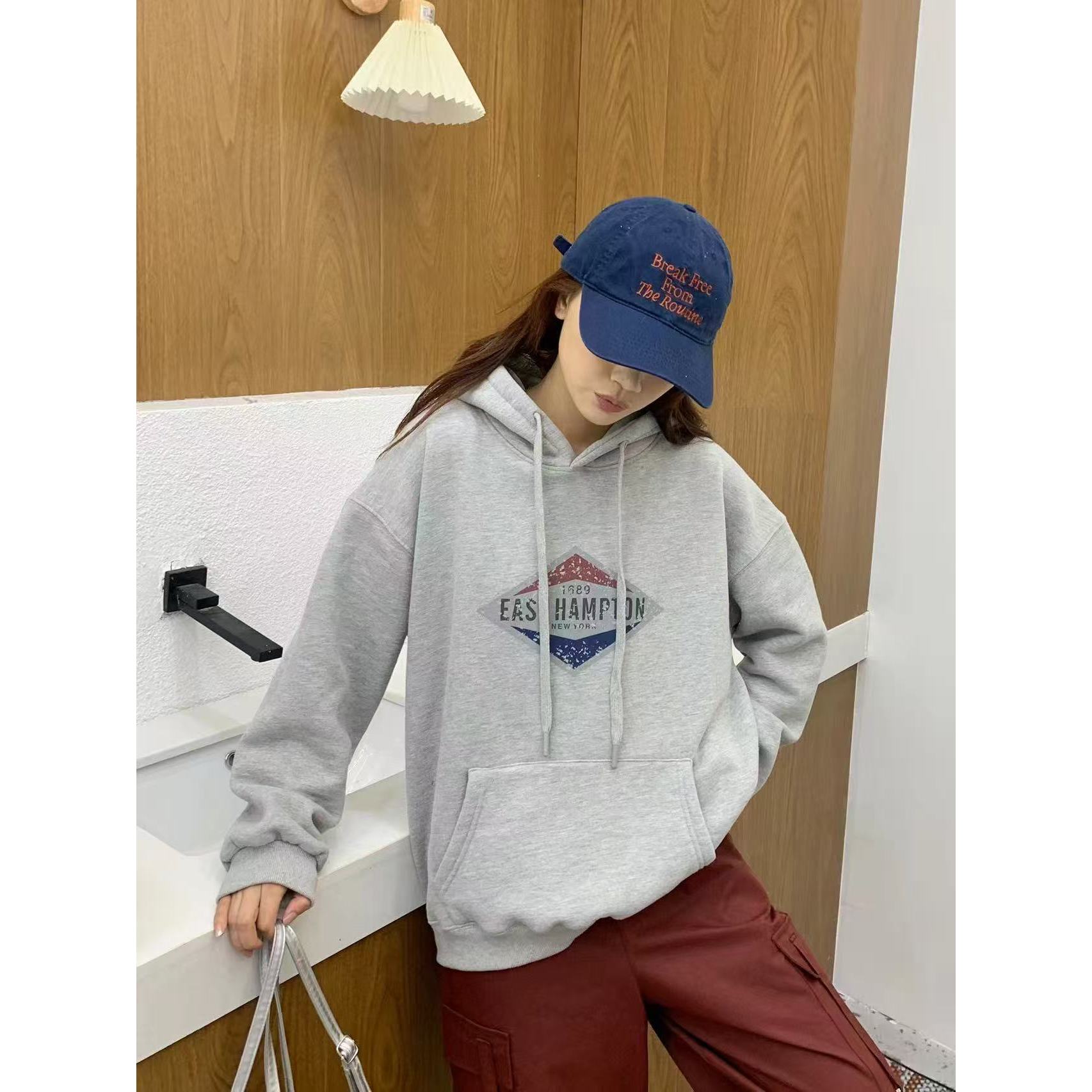 【主播推荐】女士方形印花抽绳连帽卫衣25095