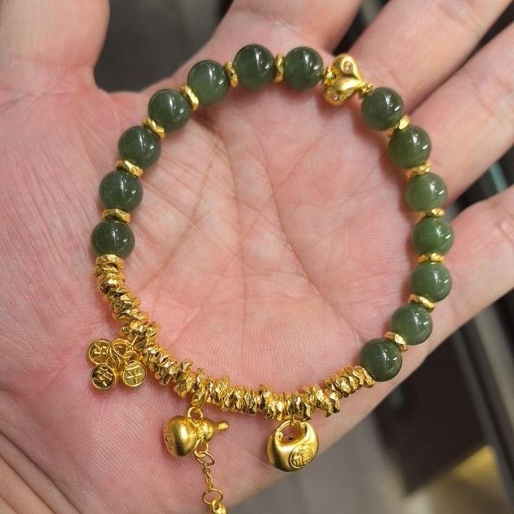 足金999流苏葫芦盘缠手串搭平安喜乐小胖福屁桃手链气质碧绿单圈