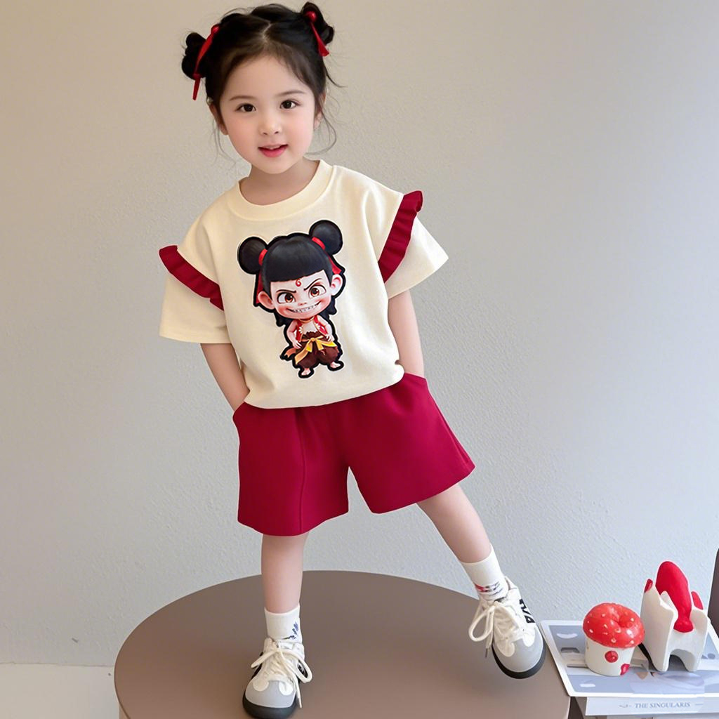 女童哪吒短袖套装2025夏季新款儿童女宝宝运动T恤短裤两件套女孩