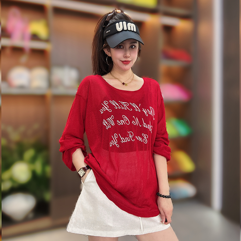 夏季新款时尚圆领长袖字母针织衫女宽松显瘦百搭打底衫防晒衫上衣