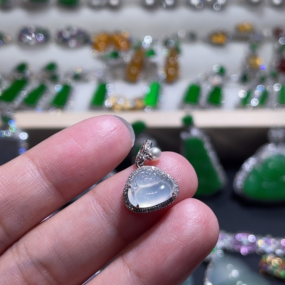 翡翠吊坠(不含链)18K金镶嵌佛公滴溜万能扣吊坠