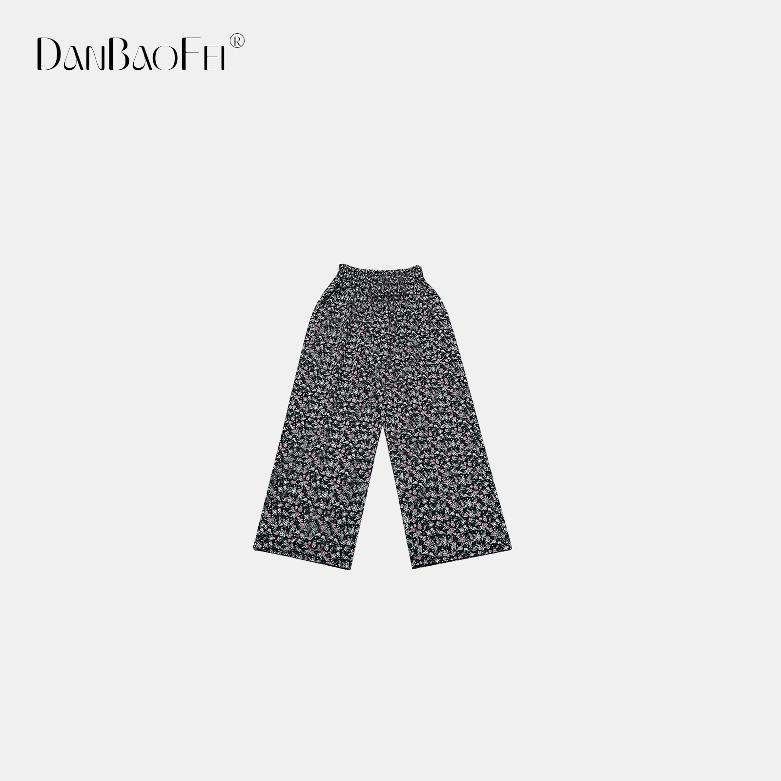 【柠檬】复古碎花裤休闲黑底红花花松紧腰直筒阔腿裤 YLM00829