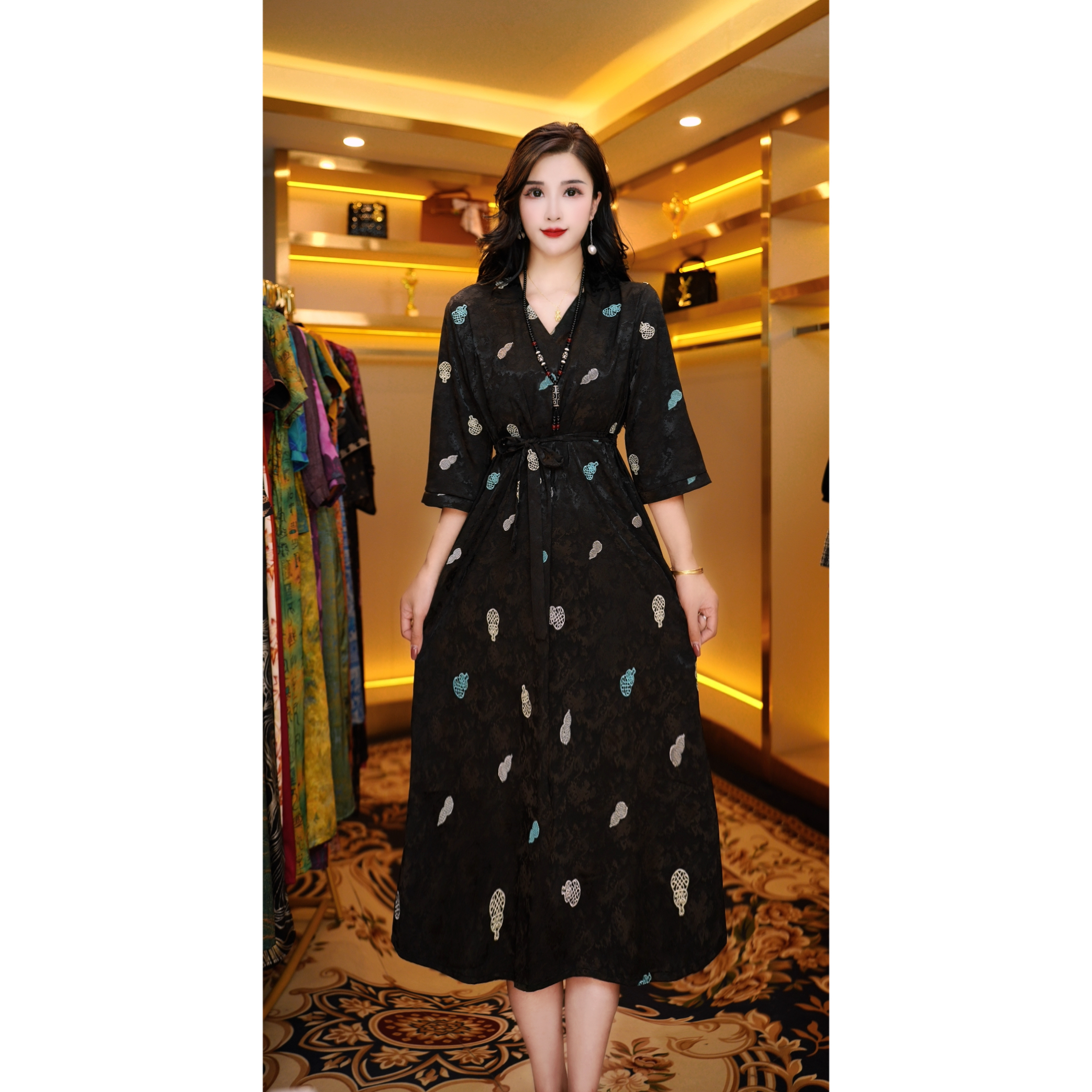 F1801-6a葫芦中高端1专柜款气质龟裂纹显瘦连衣裙