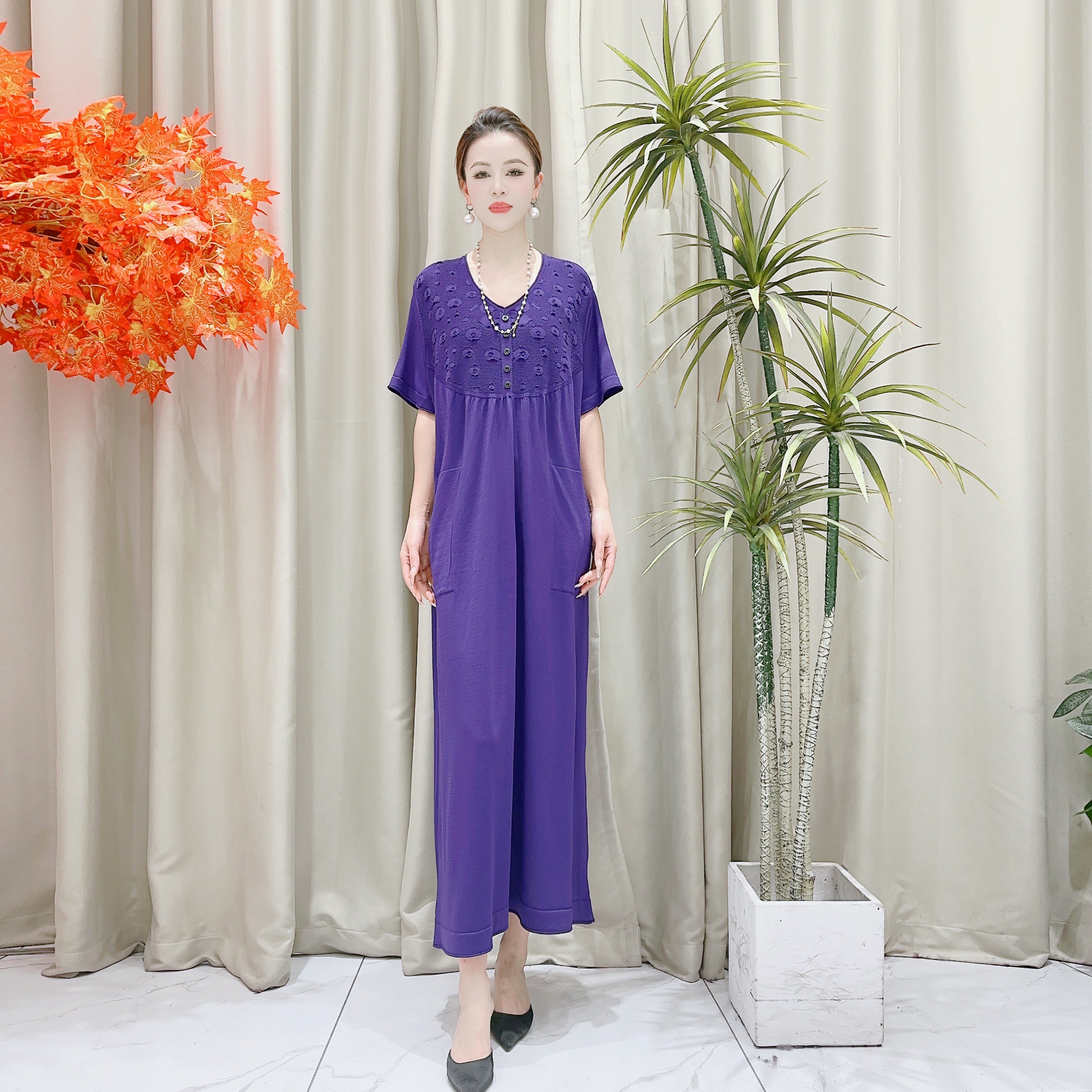 9539紫色高腰纽扣针织连衣裙显瘦设计师优雅时尚轻奢气质夏季