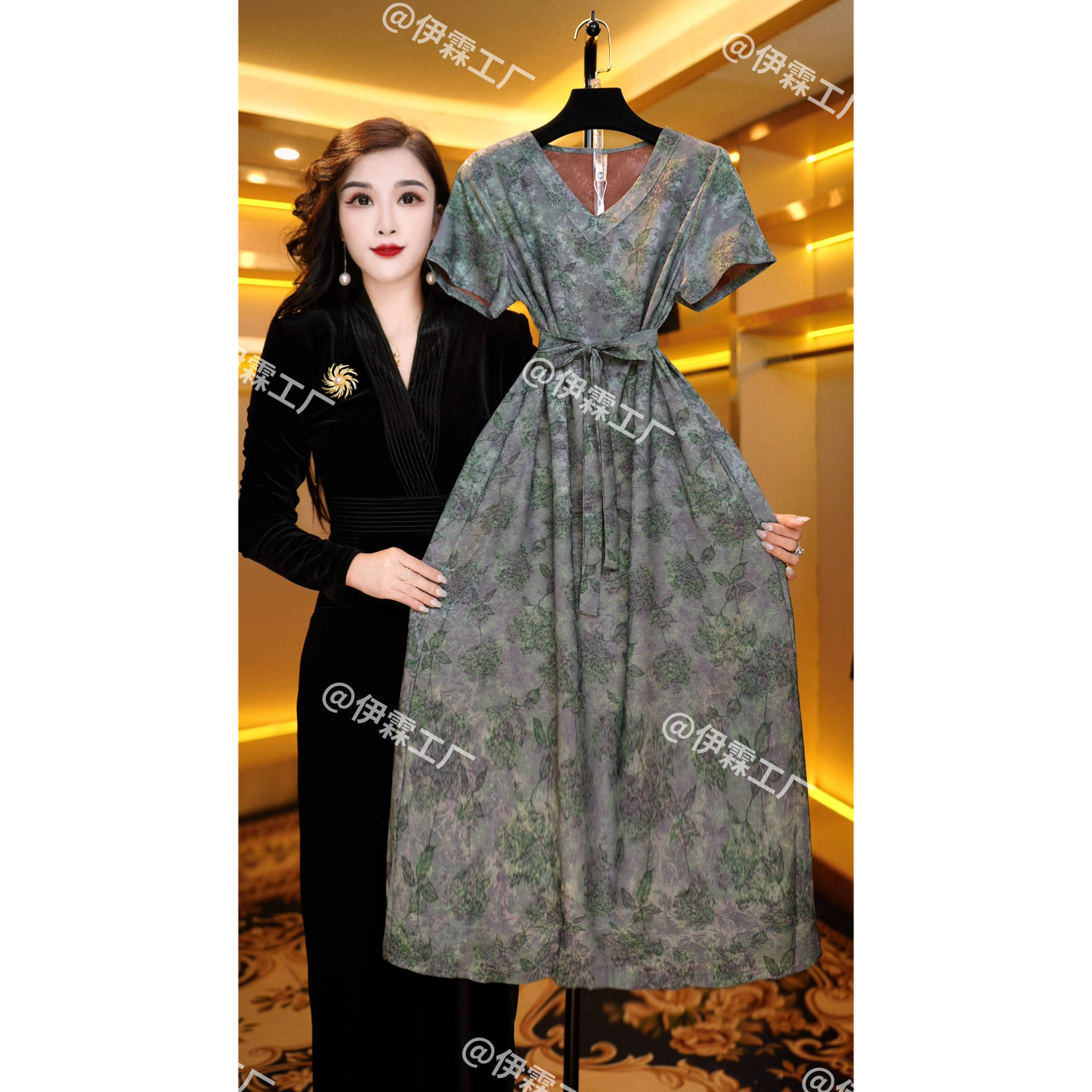 【运费补贴】1488-1绿色高端国风传承气质连衣裙