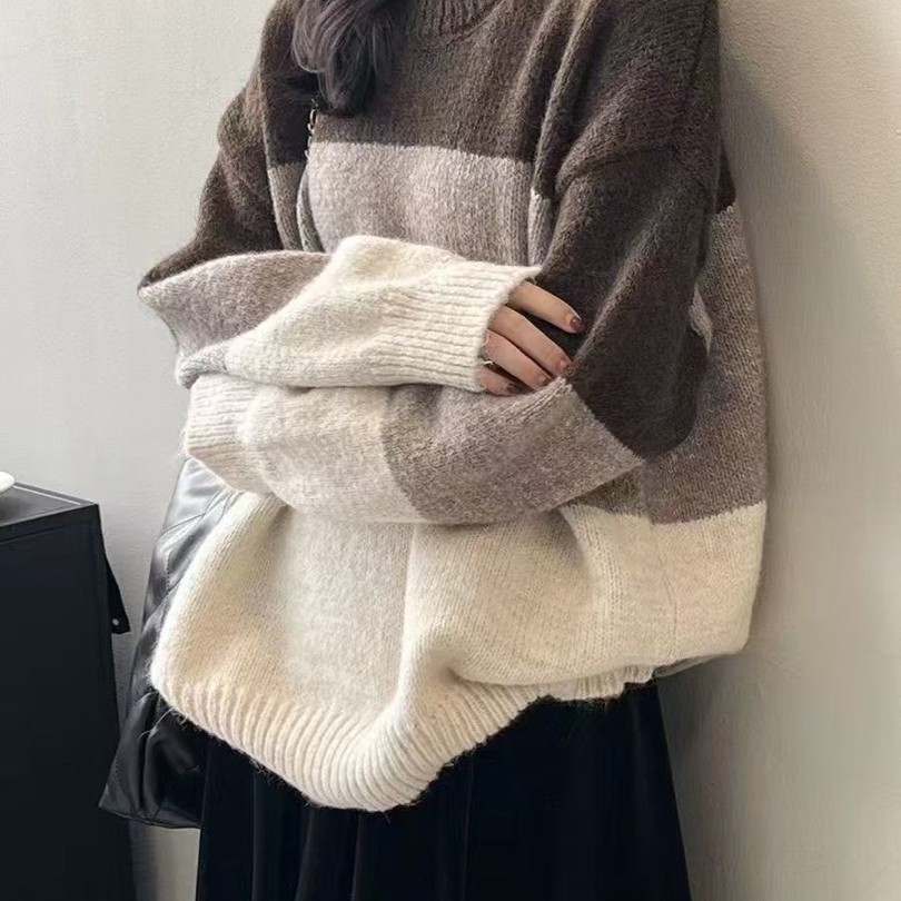 MANNI 圆领条纹毛衣保暖发热慵懒风 6811