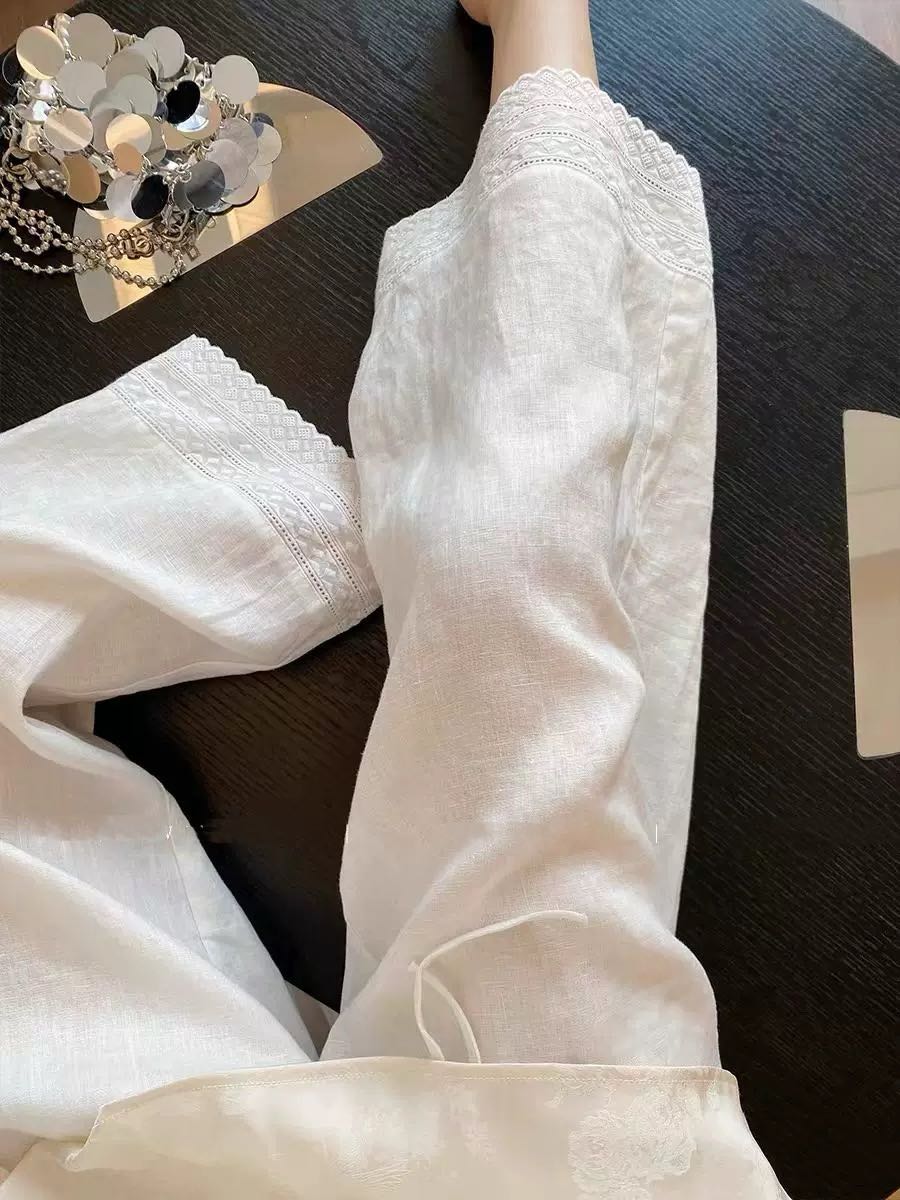 清仓 富贵雨露麻【刺绣花边九分裤】 简约波西米亚法式亚麻直筒裤