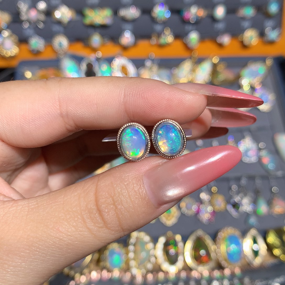 银S925镶嵌欧泊欧泊耳饰l哩*酱