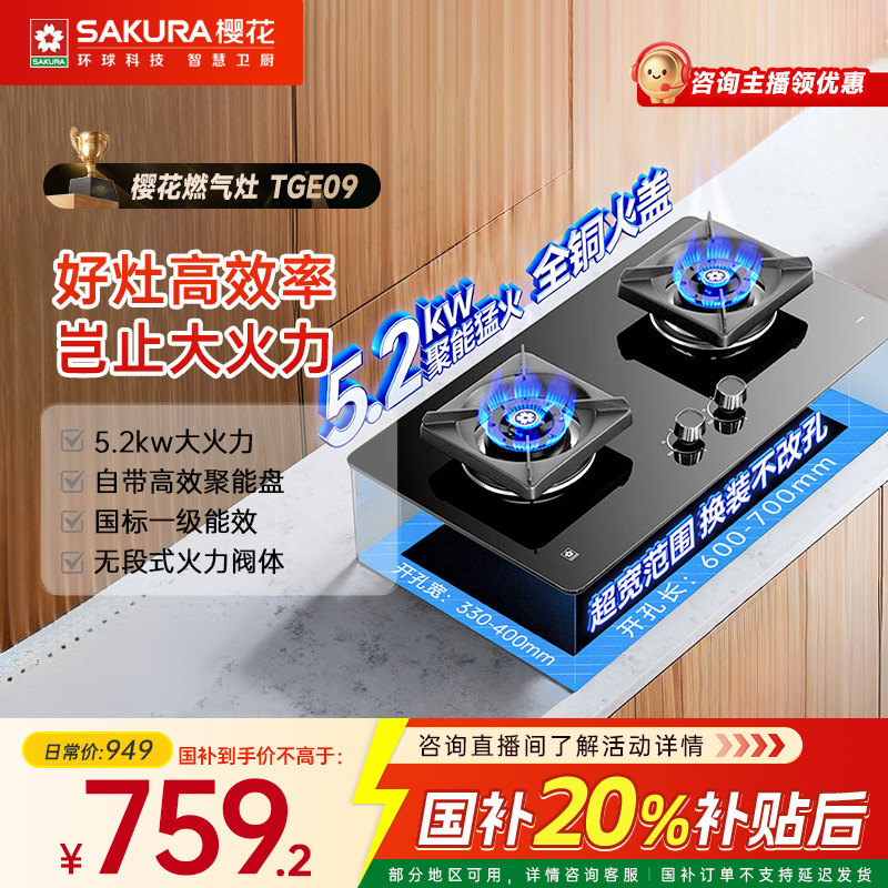 【活动专属】樱花TGE09燃气灶5.2KW台嵌两用一级能效大范围开孔