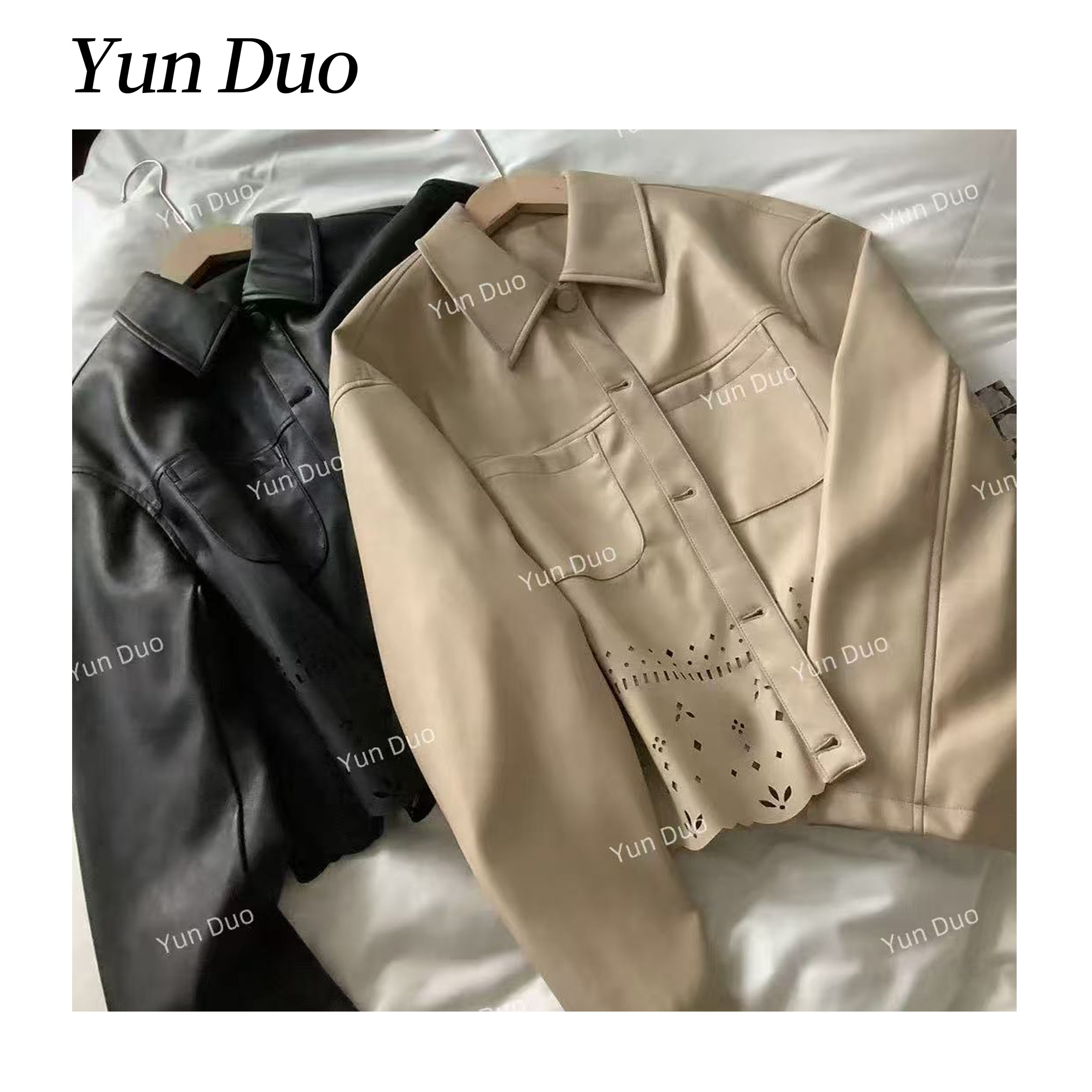 云朵定制【丹麦】翻领纯色下摆镂空短款皮衣外套LE40