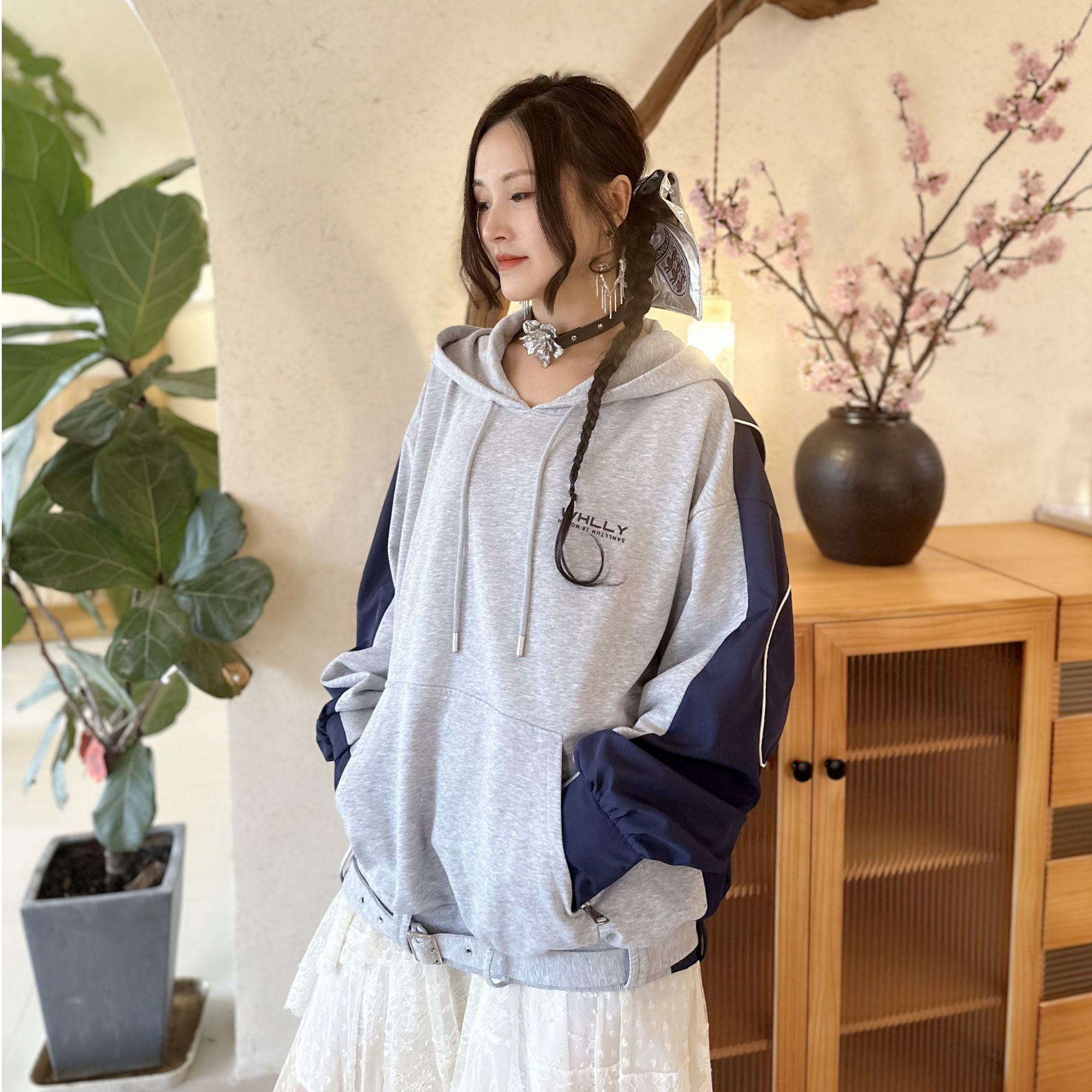 拼色连帽宽松卫衣春秋长袖