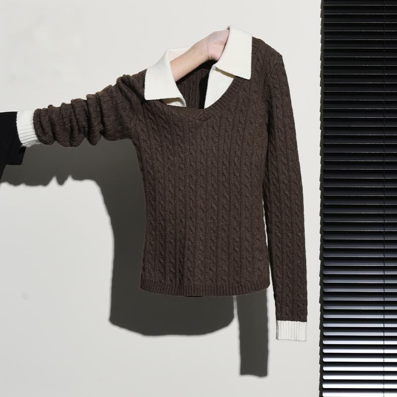 复古咖色POLO领长袖针织衫女毛衣冬新款设计感内搭假两件显瘦上衣
