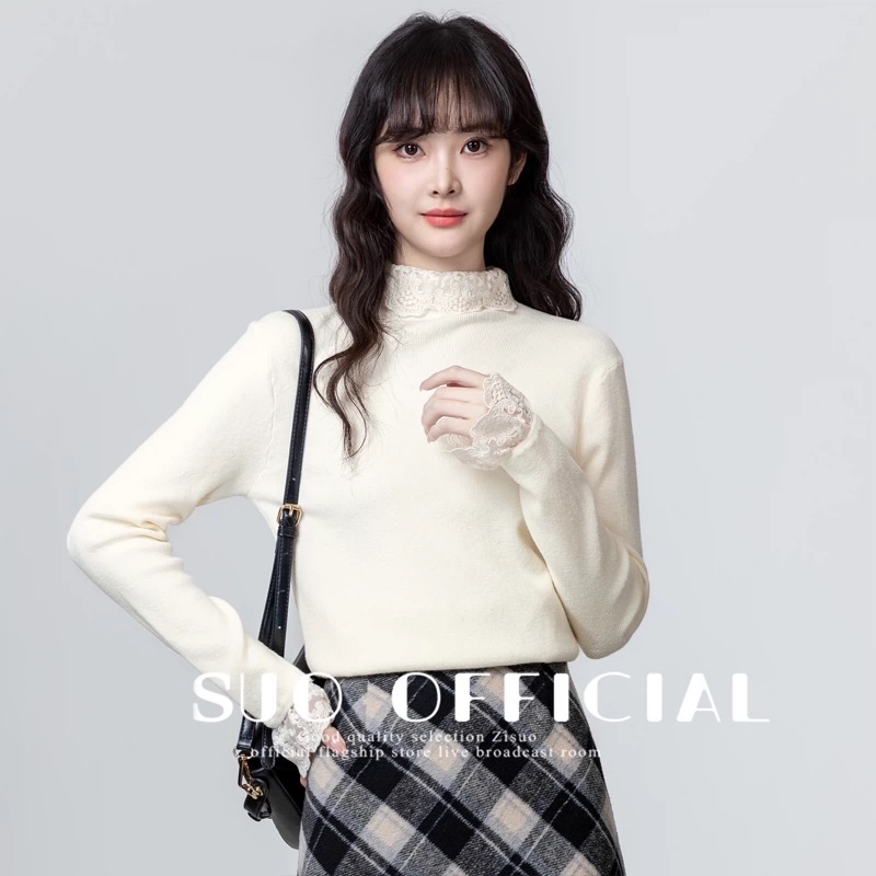 Y033半高领毛衣女2025新款设计感蕾丝拼接内搭打底上衣