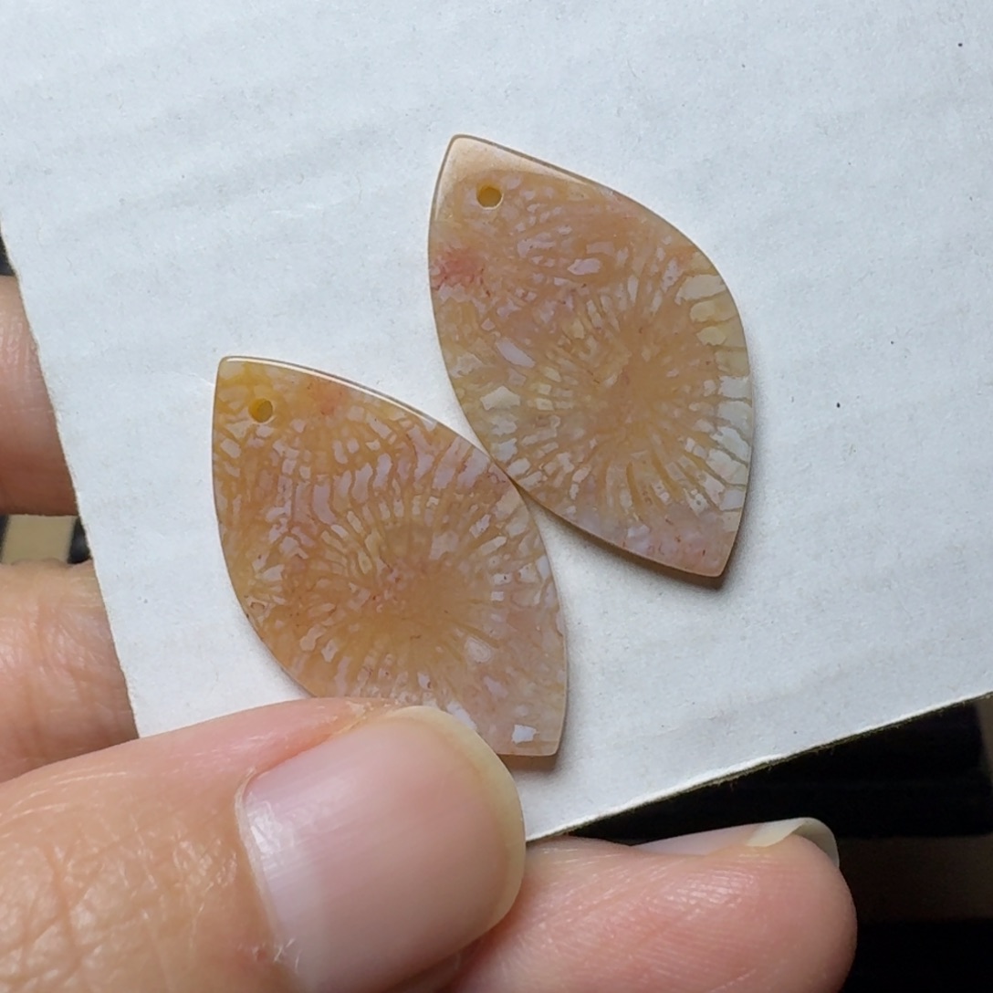 硅化玉冰透黄粉大花1对，耳坠未镶嵌