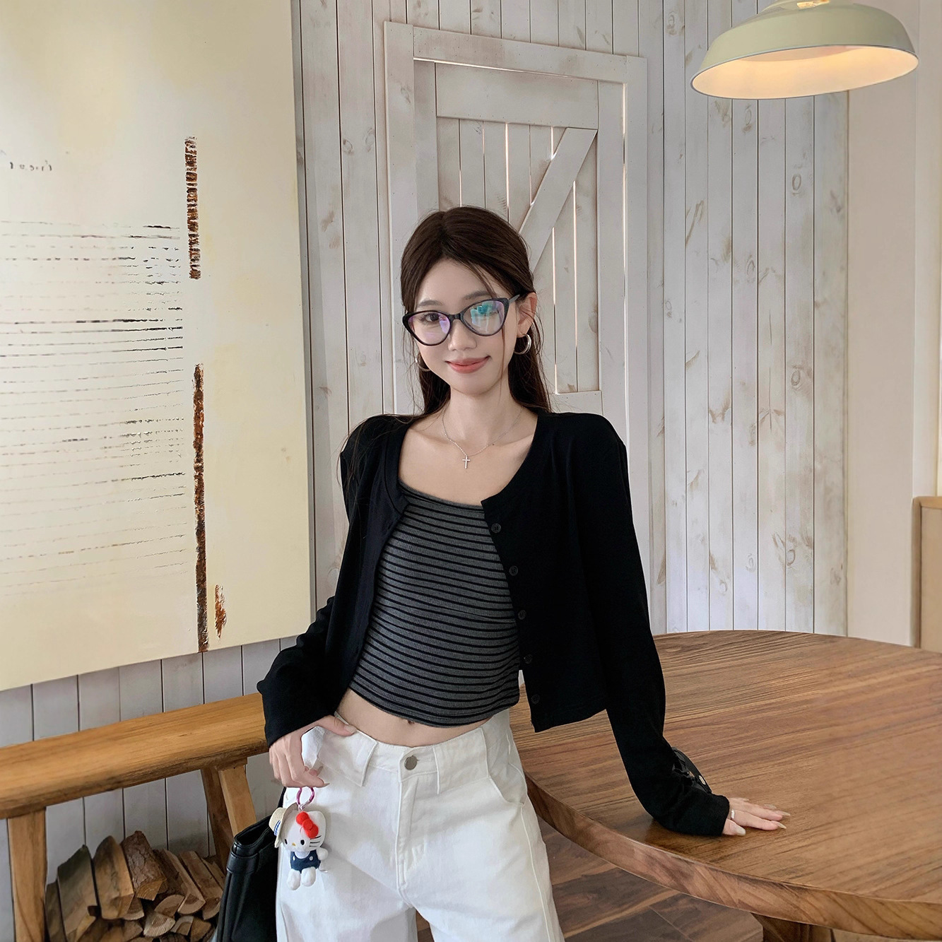 小众撞色条纹吊带背心辣妹套装女秋季气质长袖开衫短款外套两件套