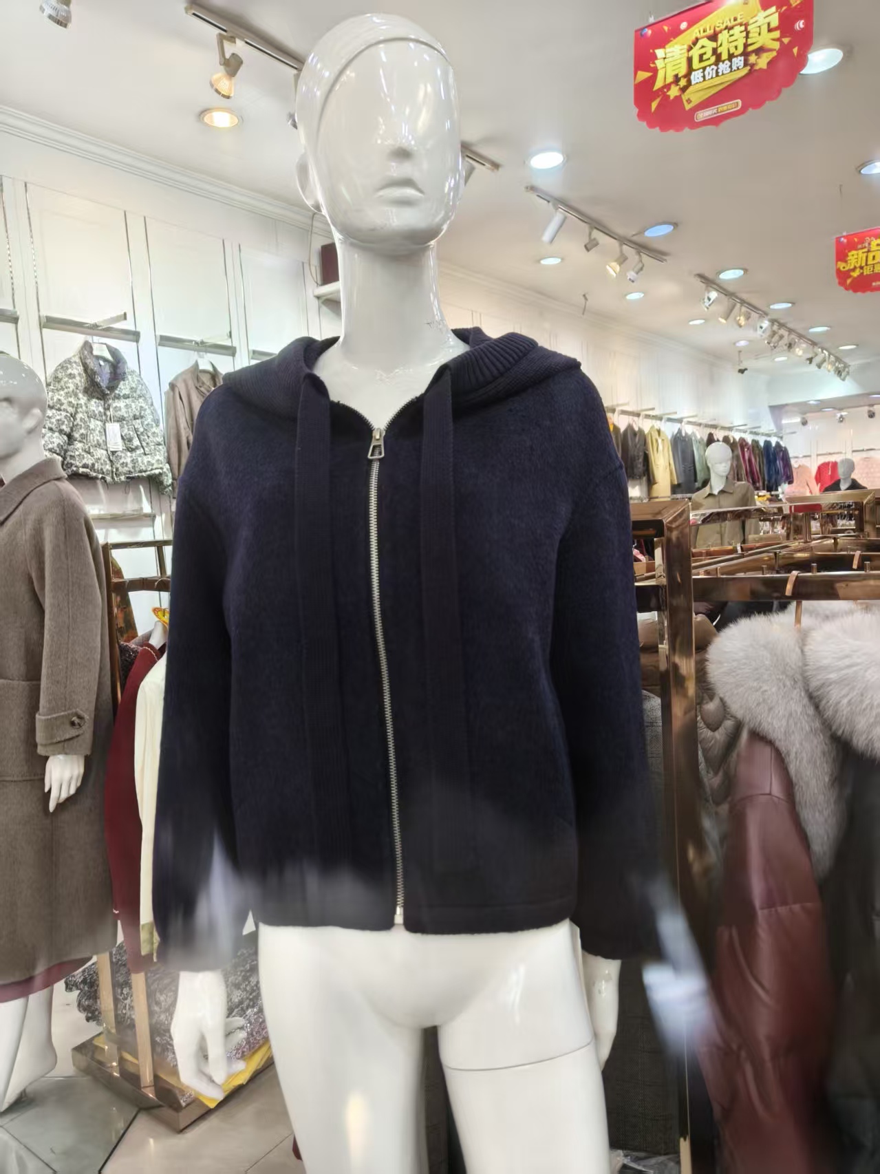 春季秋季纯色针织衫时尚简约休闲风毛呢带帽连帽