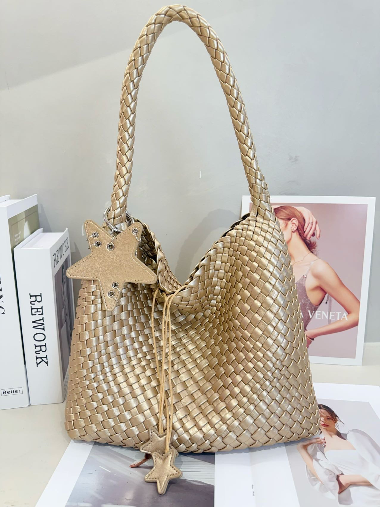 [大小姐2699]星星编织包夏季水桶包托特包磁吸暗袋单肩包休闲单肩