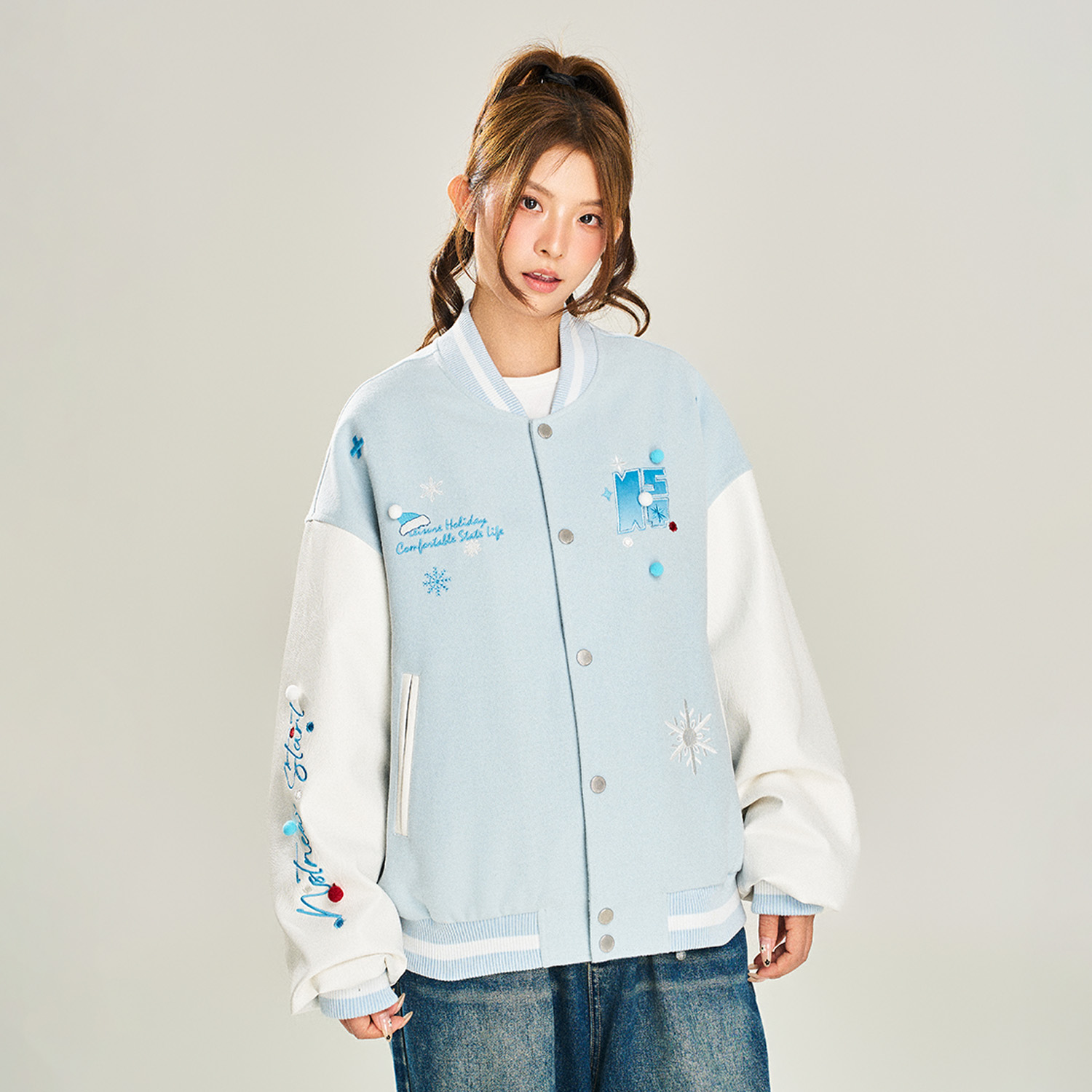 NSTNEW START发芽计划“雪之故乡”毛球雪花刺绣夹棉棒球服夹克