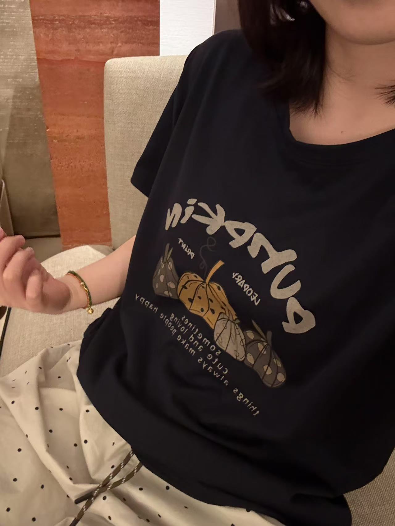 Sevbasks 七七家韩版 藏青卡通三南瓜印花圆领宽松夏季T恤