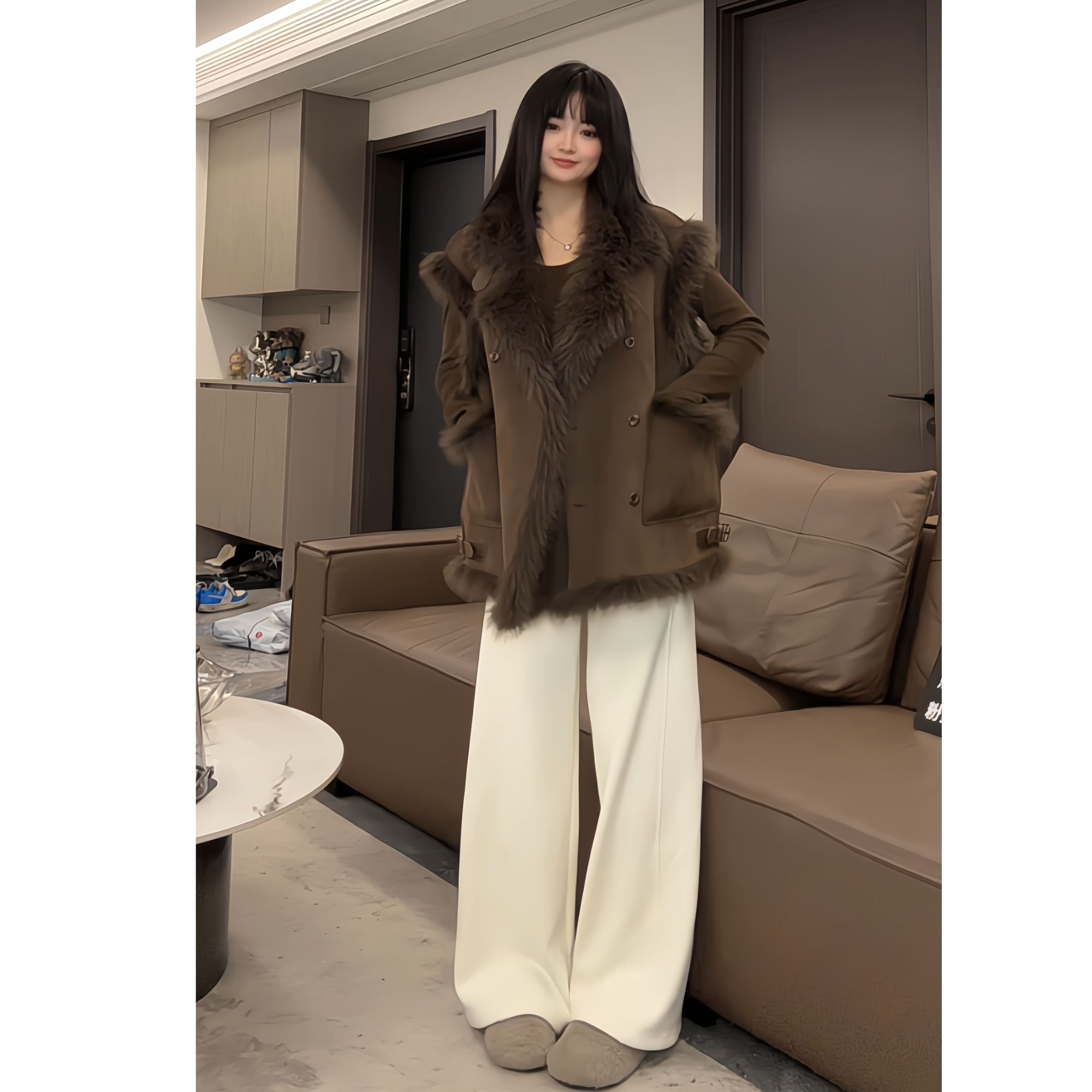 倪不叶【加绒阔腿裤】冬款加厚保暖舒适显瘦宽松松紧腰阔腿裤女