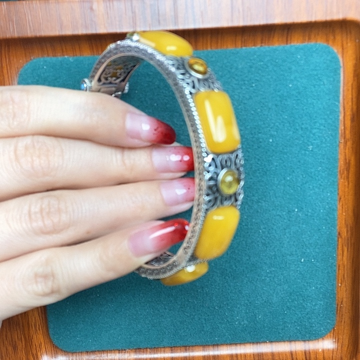 蜜蜡手镯银S925镶嵌手镯