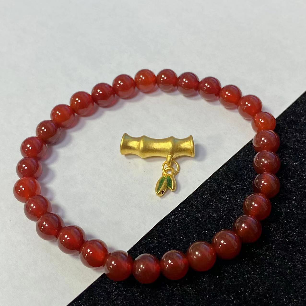 足金999 烧蓝绿叶子暴富竹节弯管红色玛 瑙手串@@A238