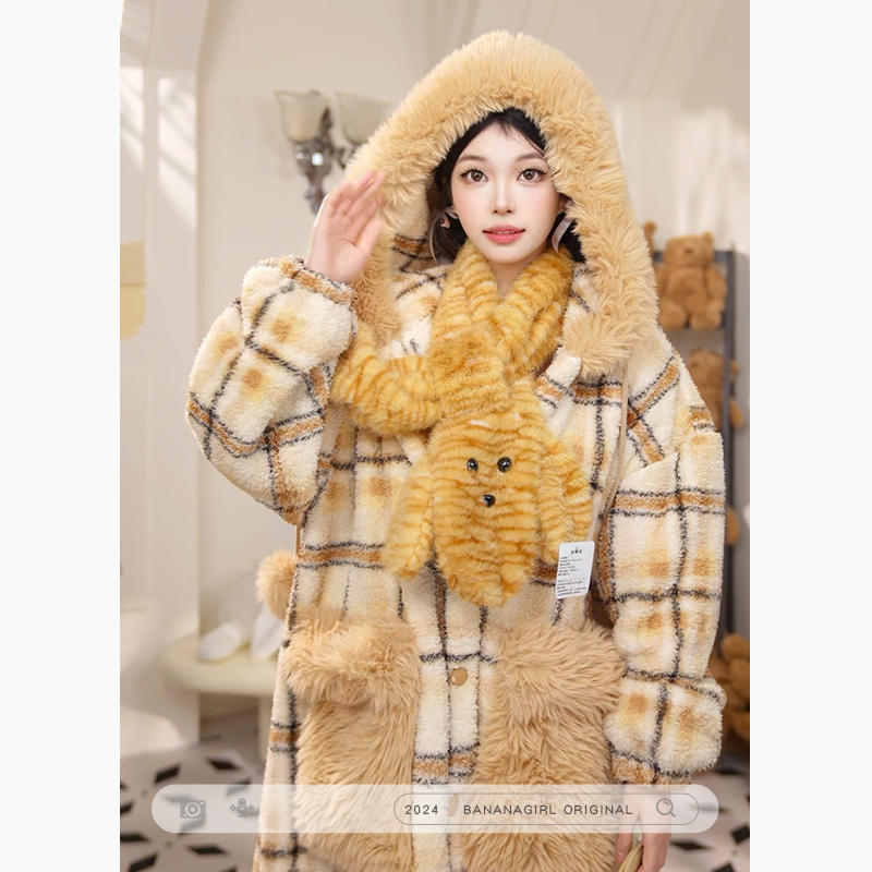香蕉女孩睡衣女秋冬中长款连帽睡袍循环蓄温加厚保暖家居服外穿
