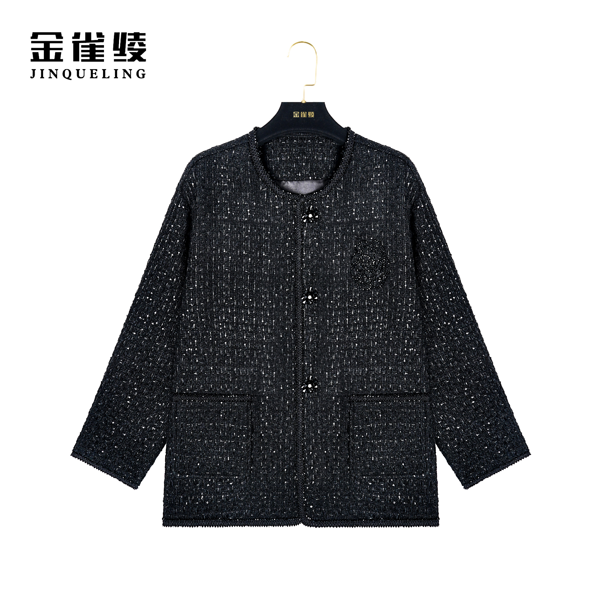 金雀绫【黑金山茶花】春秋新款设计师轻奢小香风外套BT7013