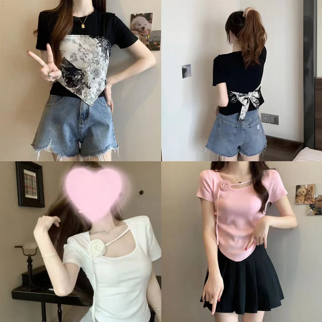 【灿灿小个子】包邮夏季出游洋气上衣t恤新款女夏季立体刺绣花朵