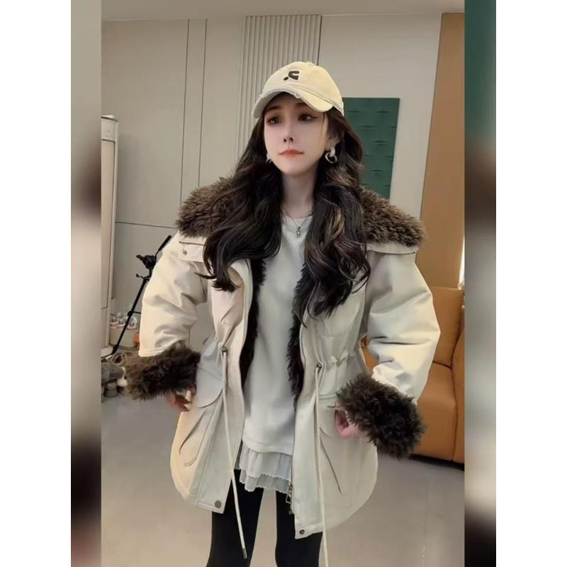 小慧 秋冬工装加绒毛毛翻领可收腰保暖外套KI67