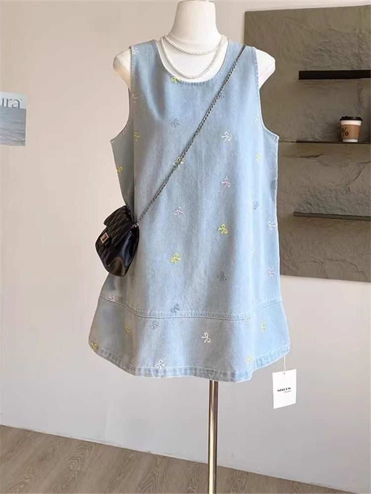 大码胖MM春夏牛仔马甲重工蝴蝶结刺绣水洗牛仔马夹通勤高级感甜美