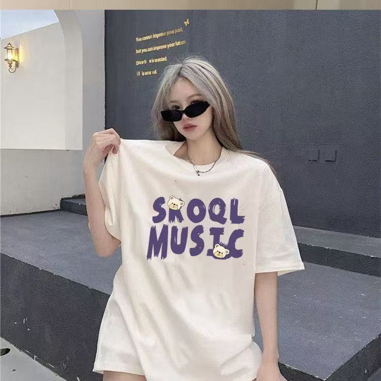 纯棉落肩白色短袖2024夏季新款印花宽松女上衣百搭ins