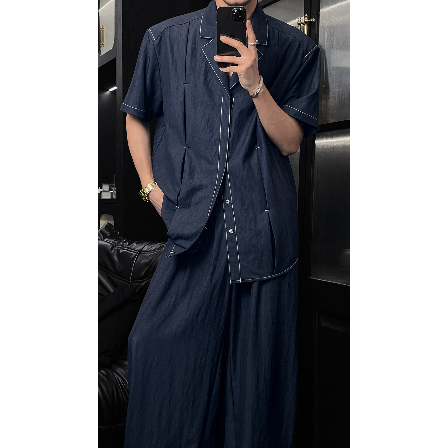 龙叨叨夏季新品复古简约设计感古巴领短袖衬衫套装男宽松休闲长裤