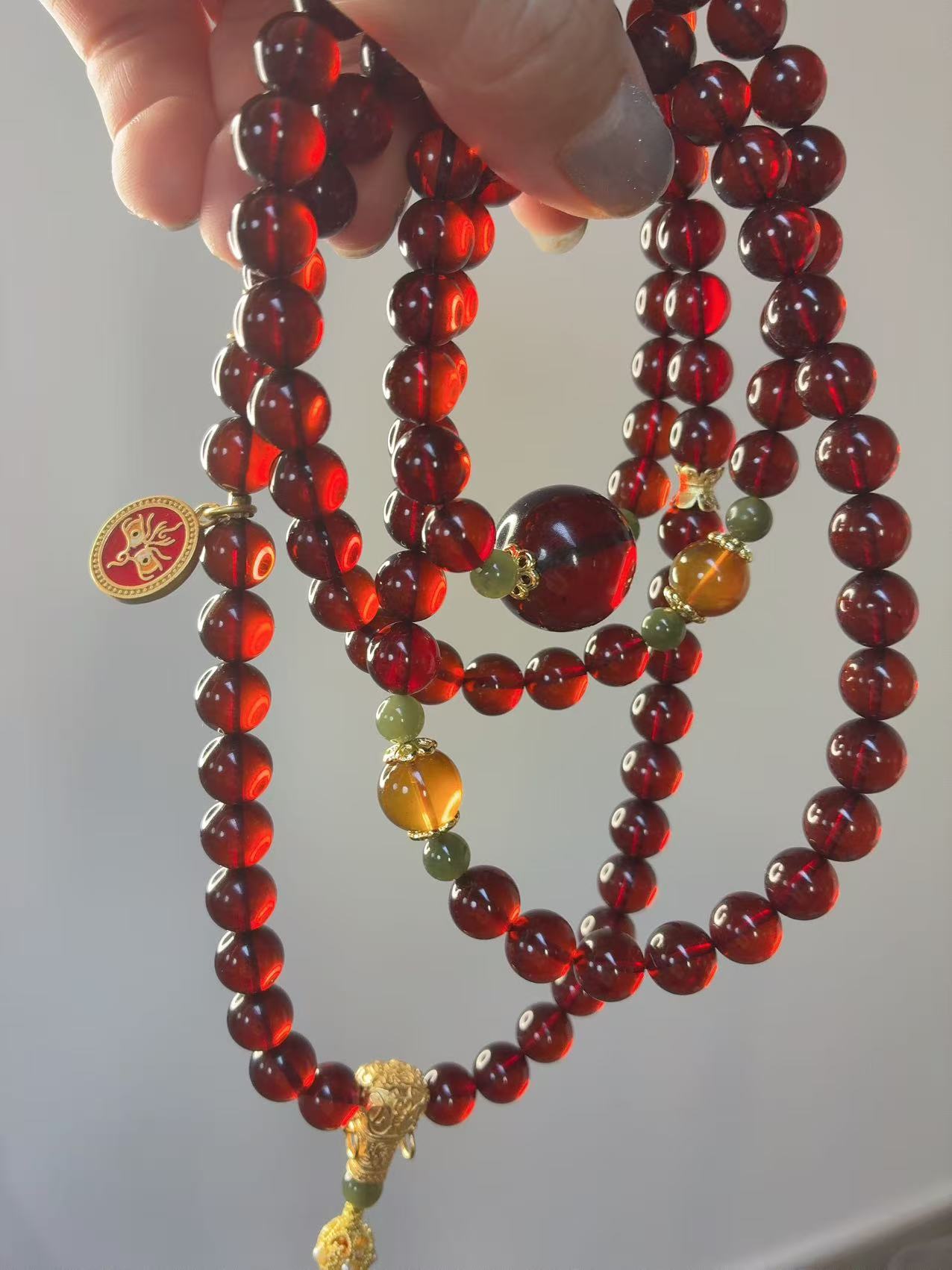 8mm天然缅甸血珀108珠项链 佛珠搭配设计款时尚气质百搭万用链 红