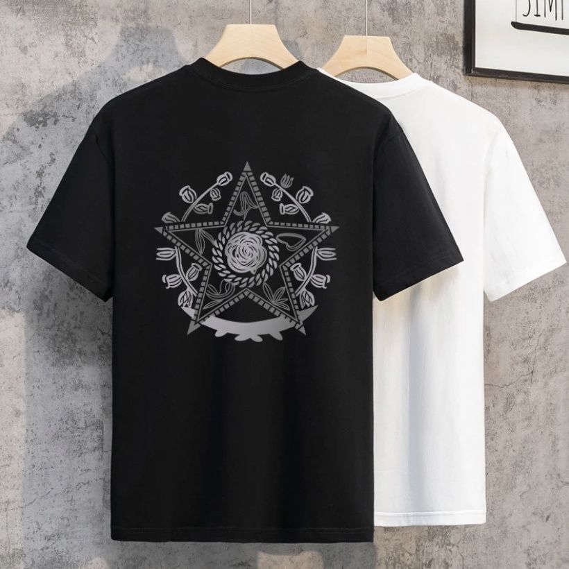 五角星玫瑰潮牌夏季男装短袖T恤网红爆款修身印花透气棉质青年百